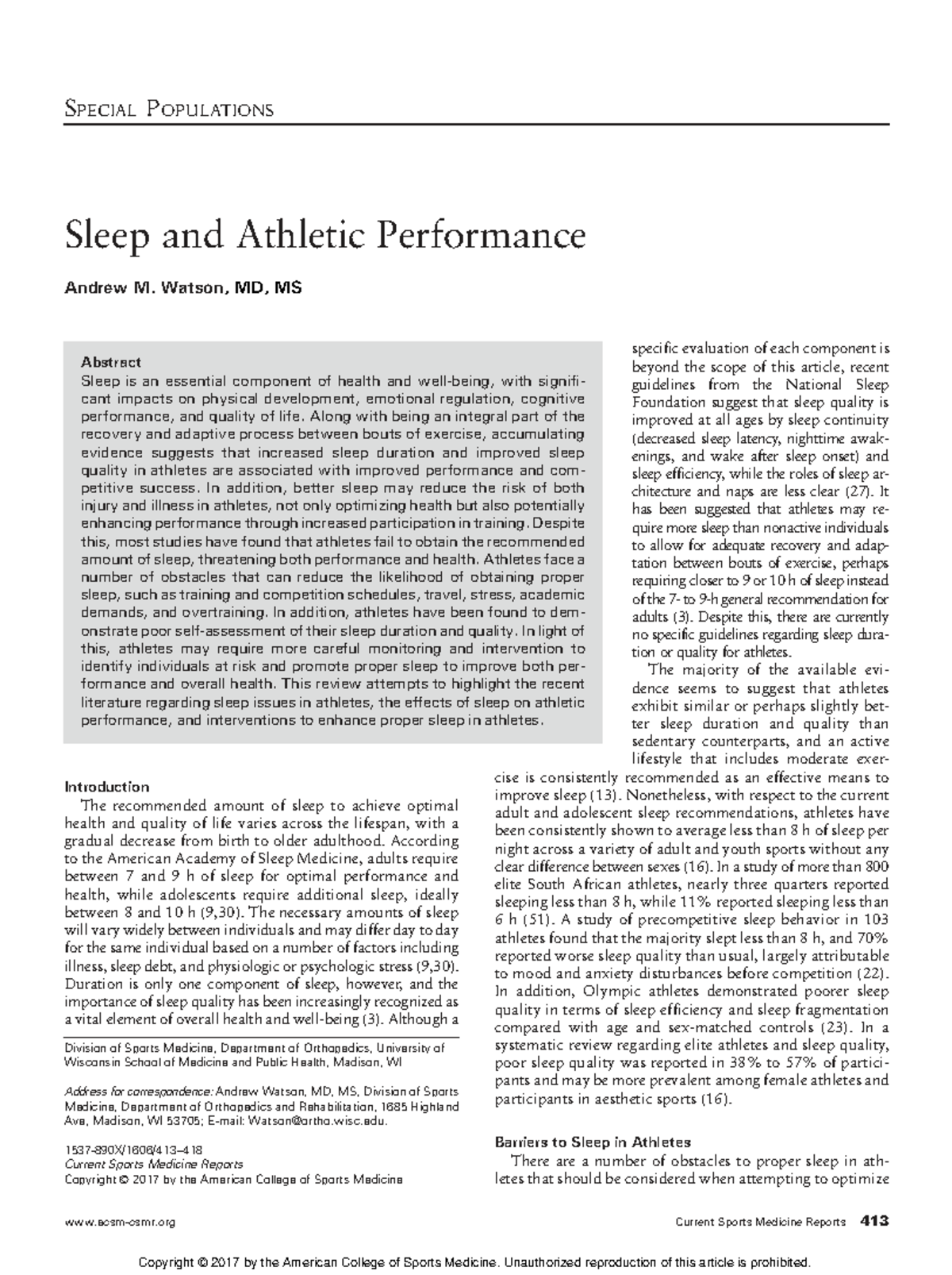 SPECIAL POPULATIONS: Sleep and Athletic Performance Insights (Watson ...