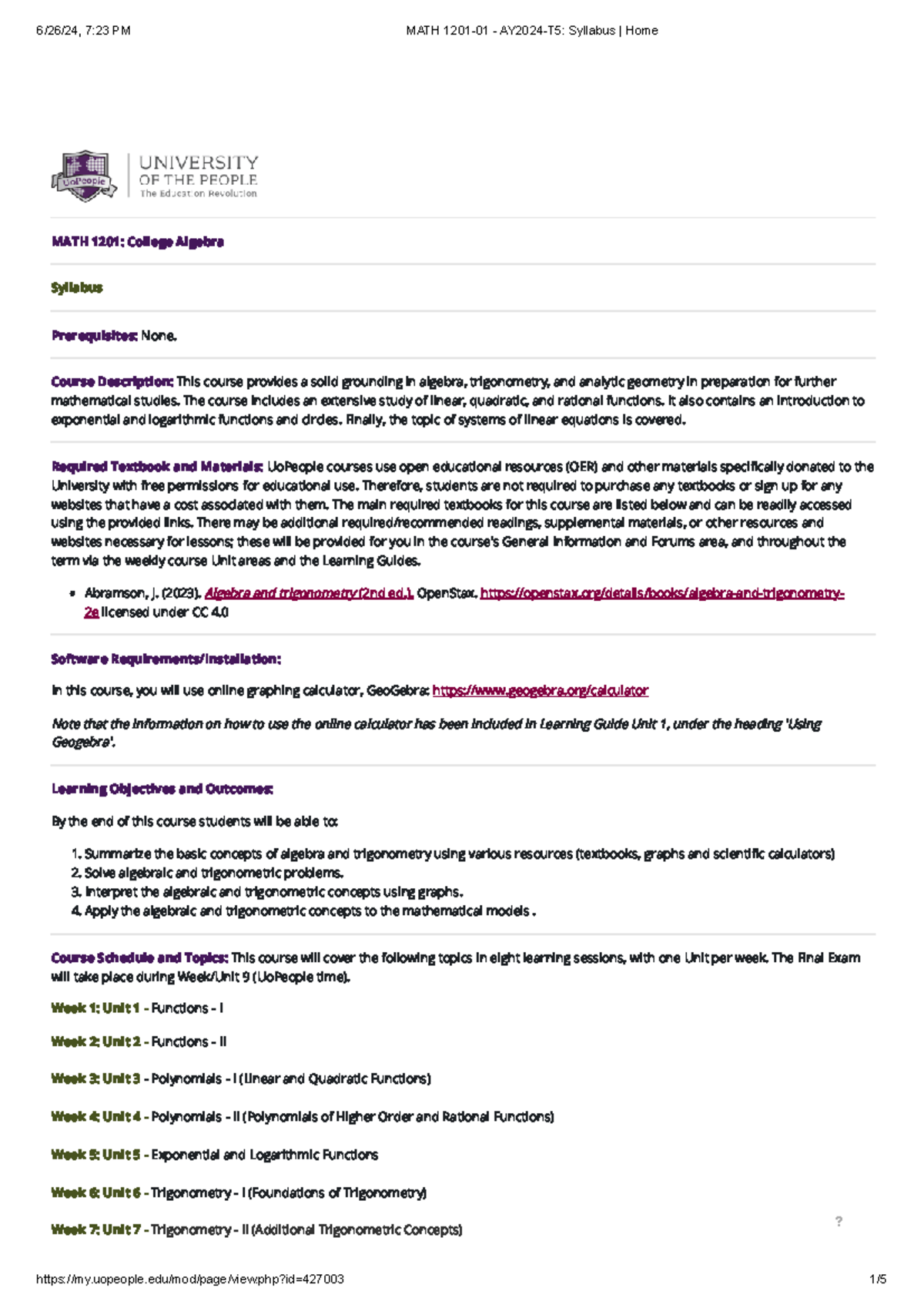 MATH 1201: College Algebra Syllabus and Course Overview - Studocu