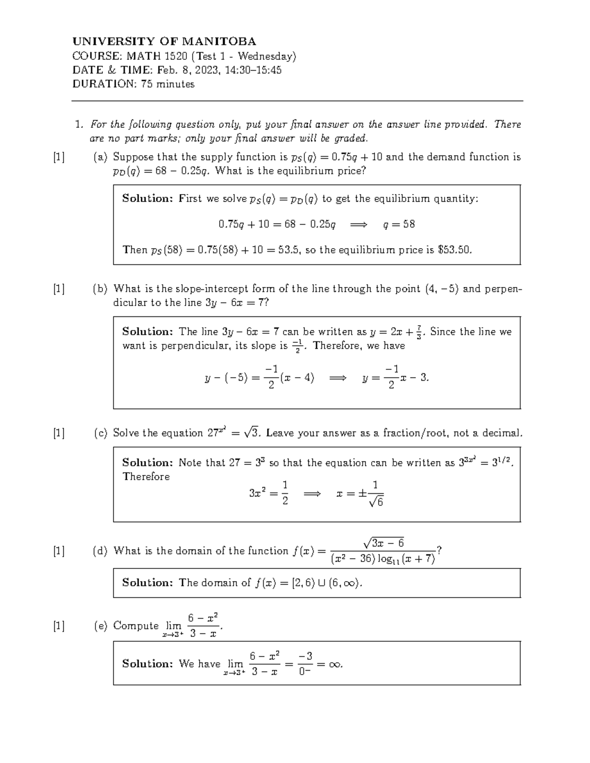 MATH 1520 Test 1 Practice Questions and Solutions (Feb 8, 2023) - Studocu