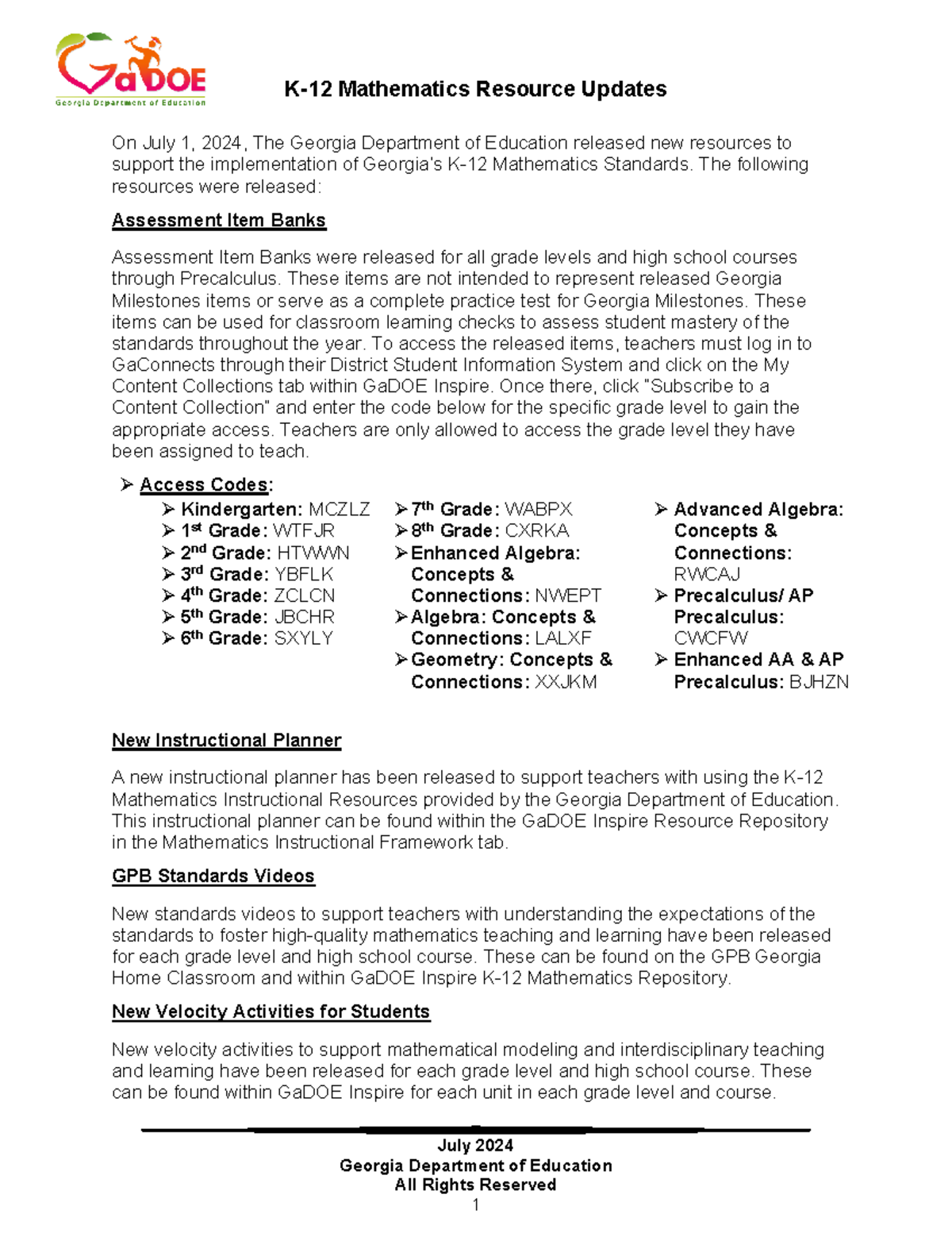 K 12 Summary of Changes Mathematics July 2024 - July 2024 Georgia ...