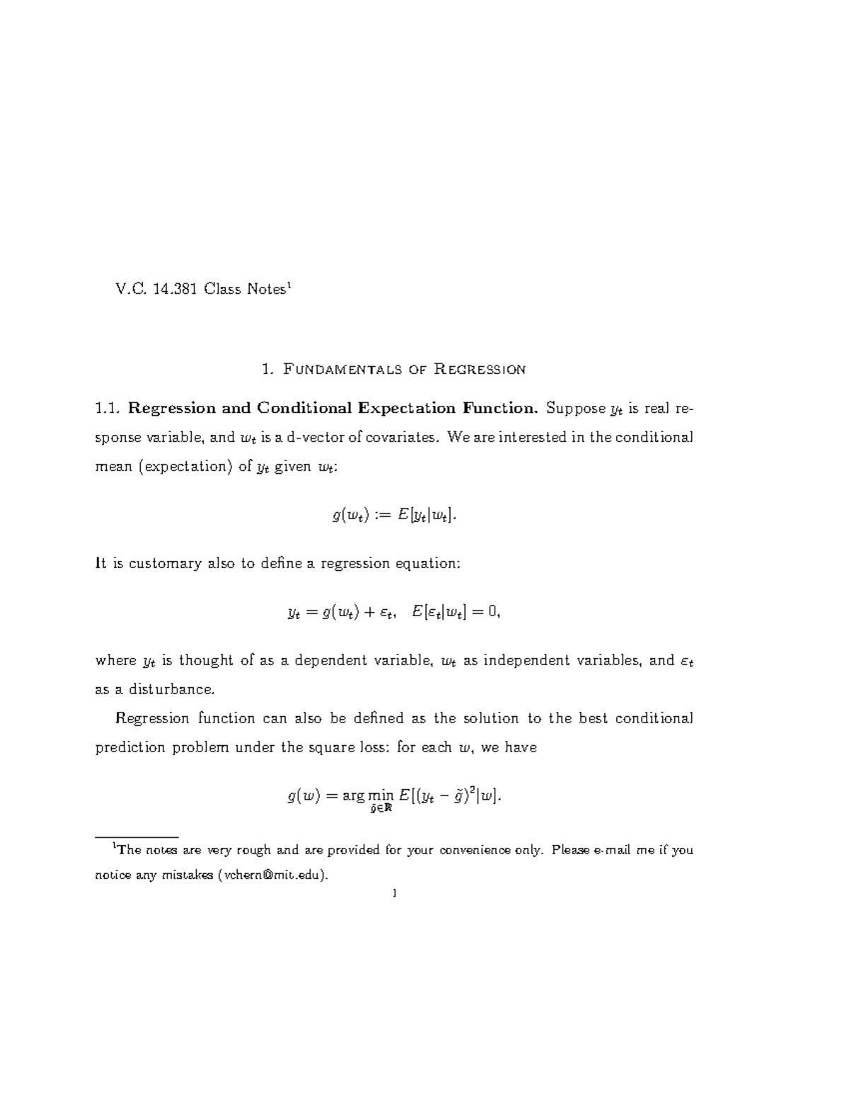 V.C. 14.381 Class Notes: Fundamentals of Regression Analysis - Studocu