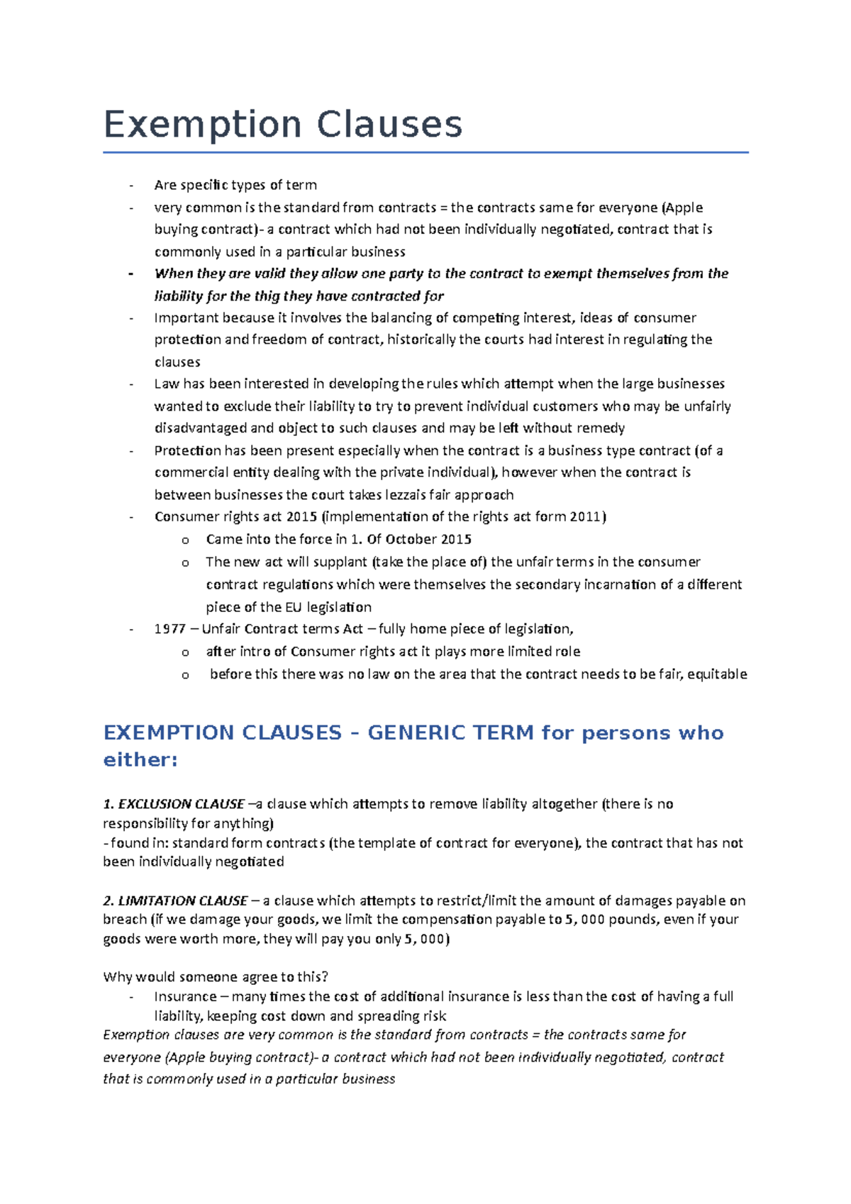 Exemption Clauses - Exemption Clauses - Are specific types of term very ...