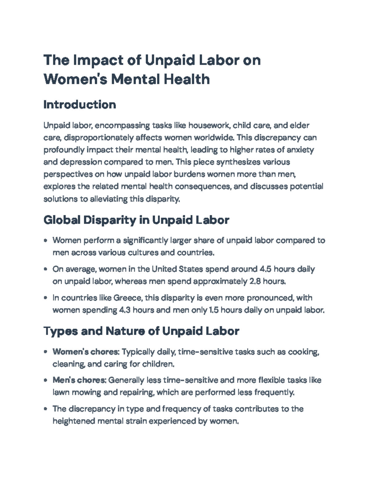 The Impact of Unpaid Labor on Women's Mental Health Analysis - The ...