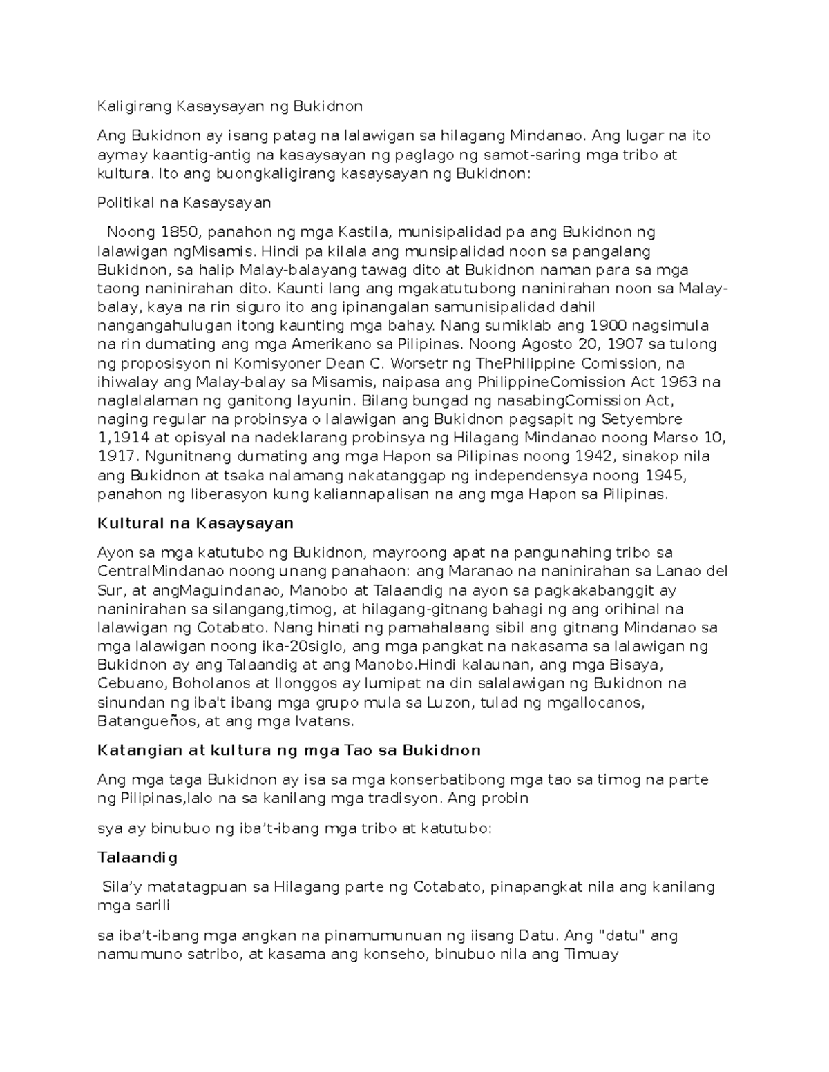 AP3 - Kaligirang Kasaysayan ng Bukidnon: Isang Pagsusuri - Studocu