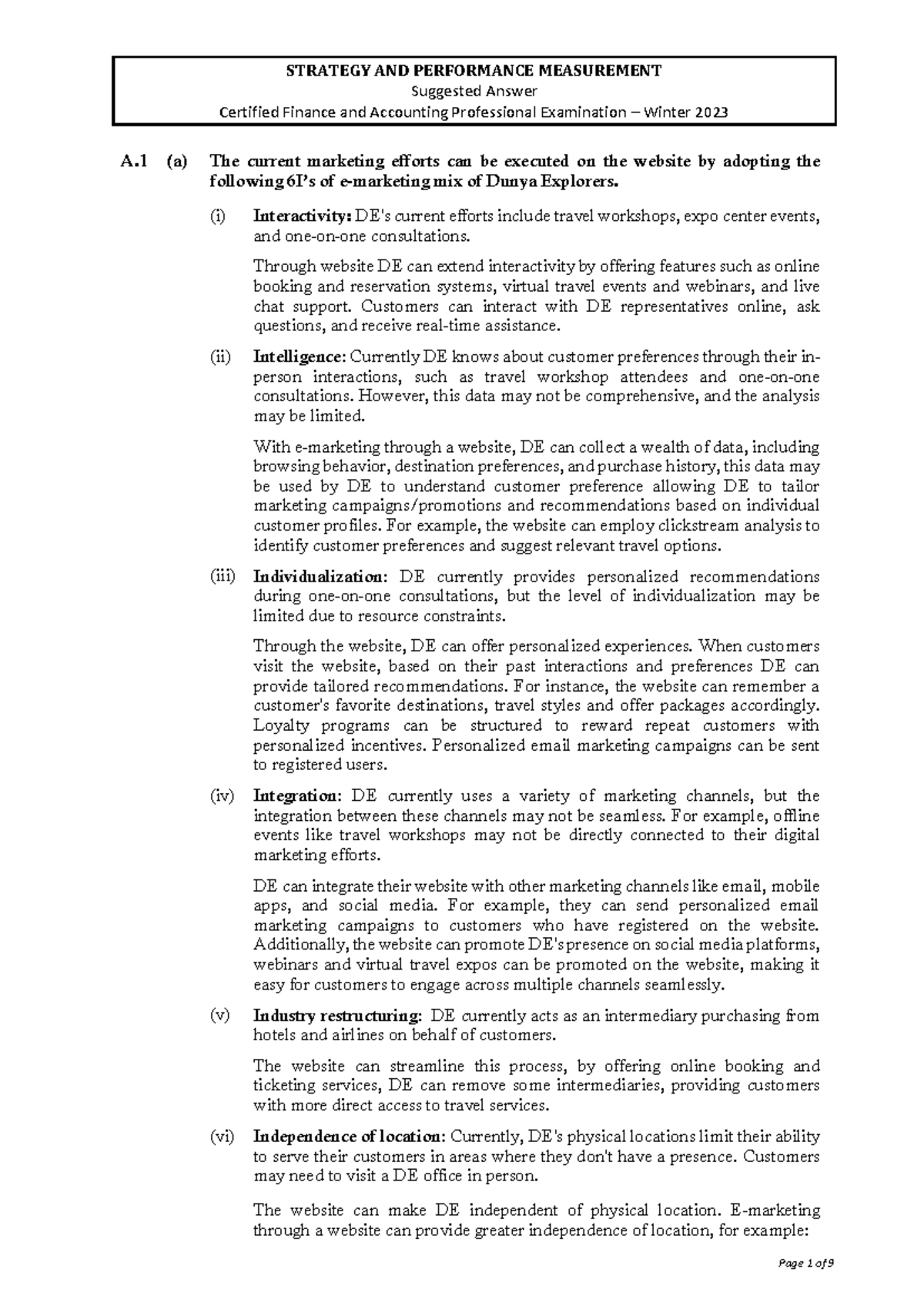 CFAP 3 Winter 2023 - Strategy & Performance Measurement Solutions - Studocu