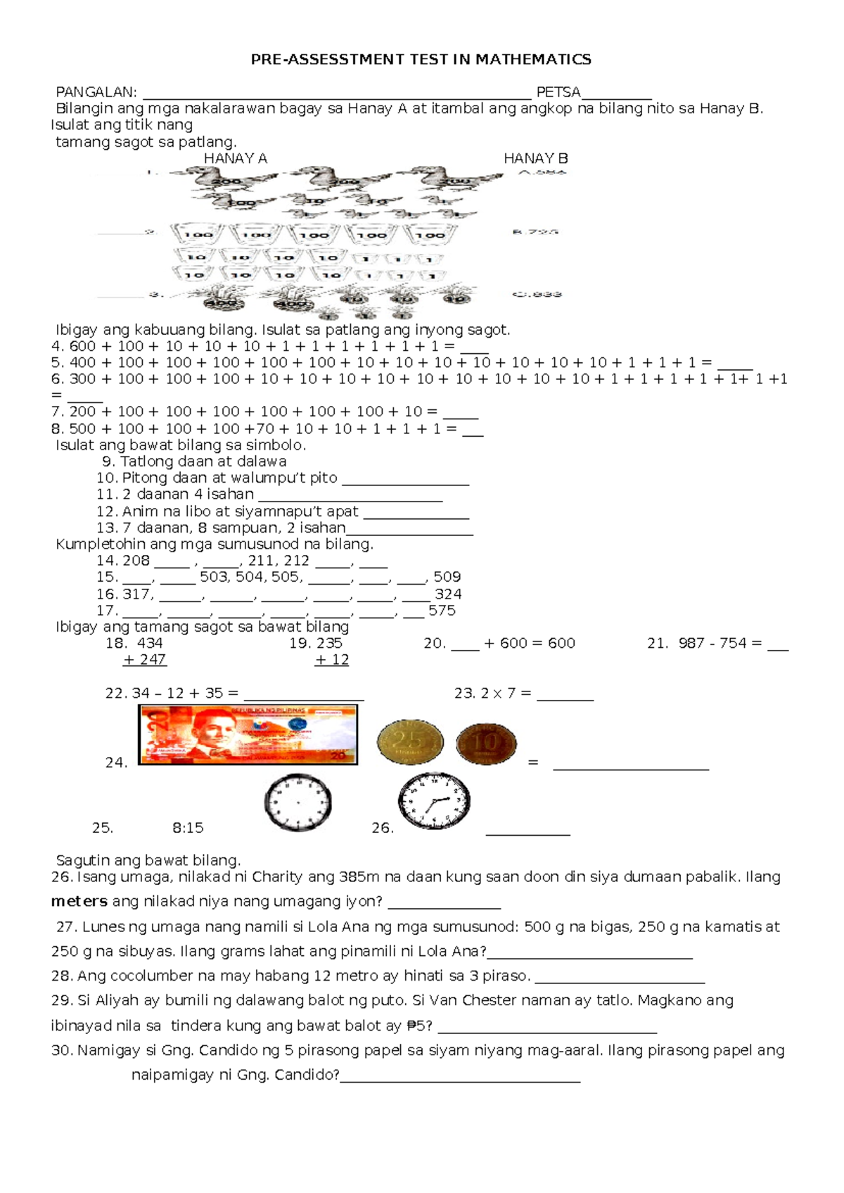 PRE-TEST Mathematics 2 - PRE-ASSESSTMENT TEST IN MATHEMATICS PANGALAN ...