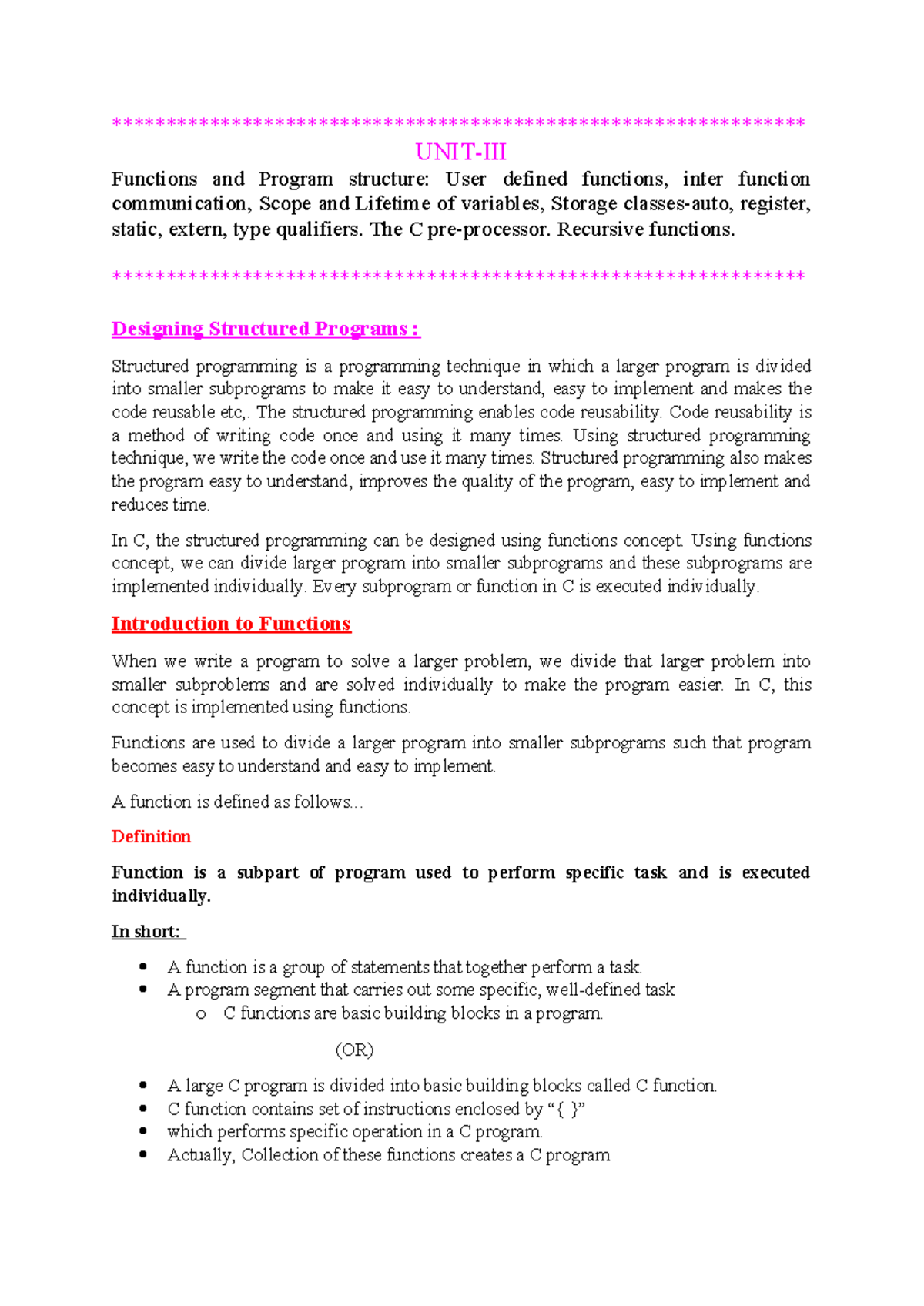 C Programming: Functions, Structure, and Variable Scope - UNIT 3 PPS-1 ...