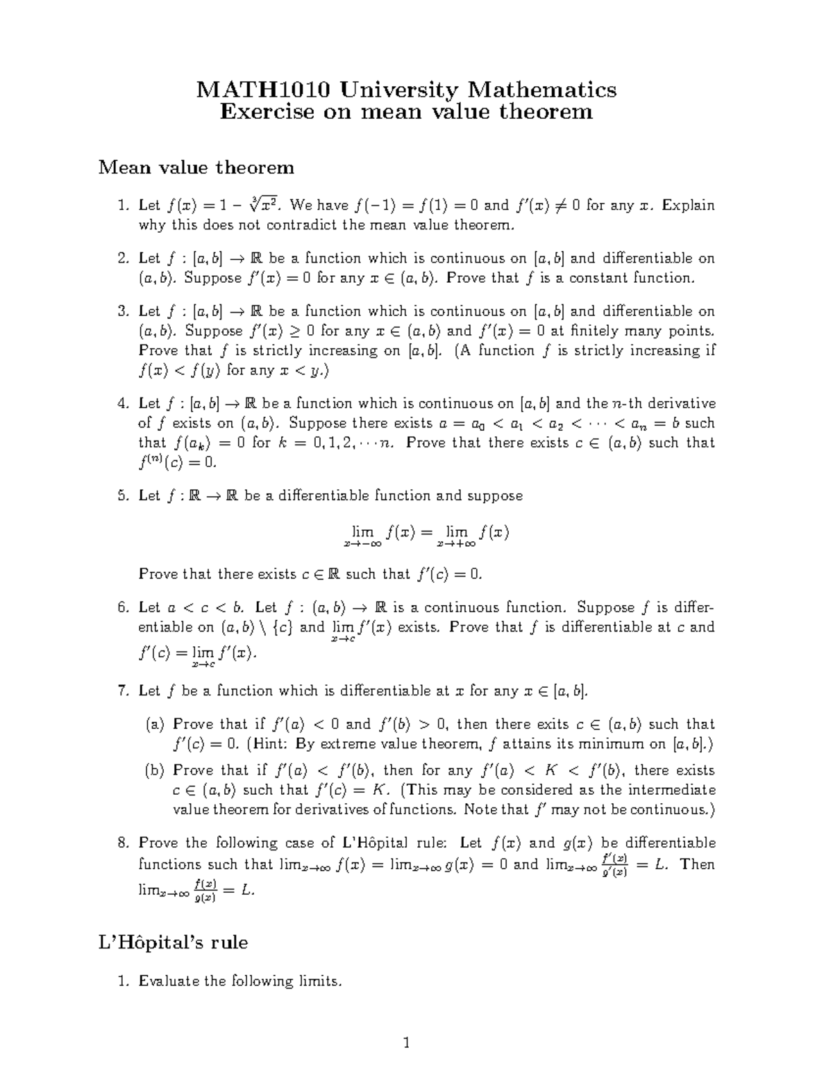 MATH1010 - Mean Value Theorem Exercises and Taylor Series Analysis ...