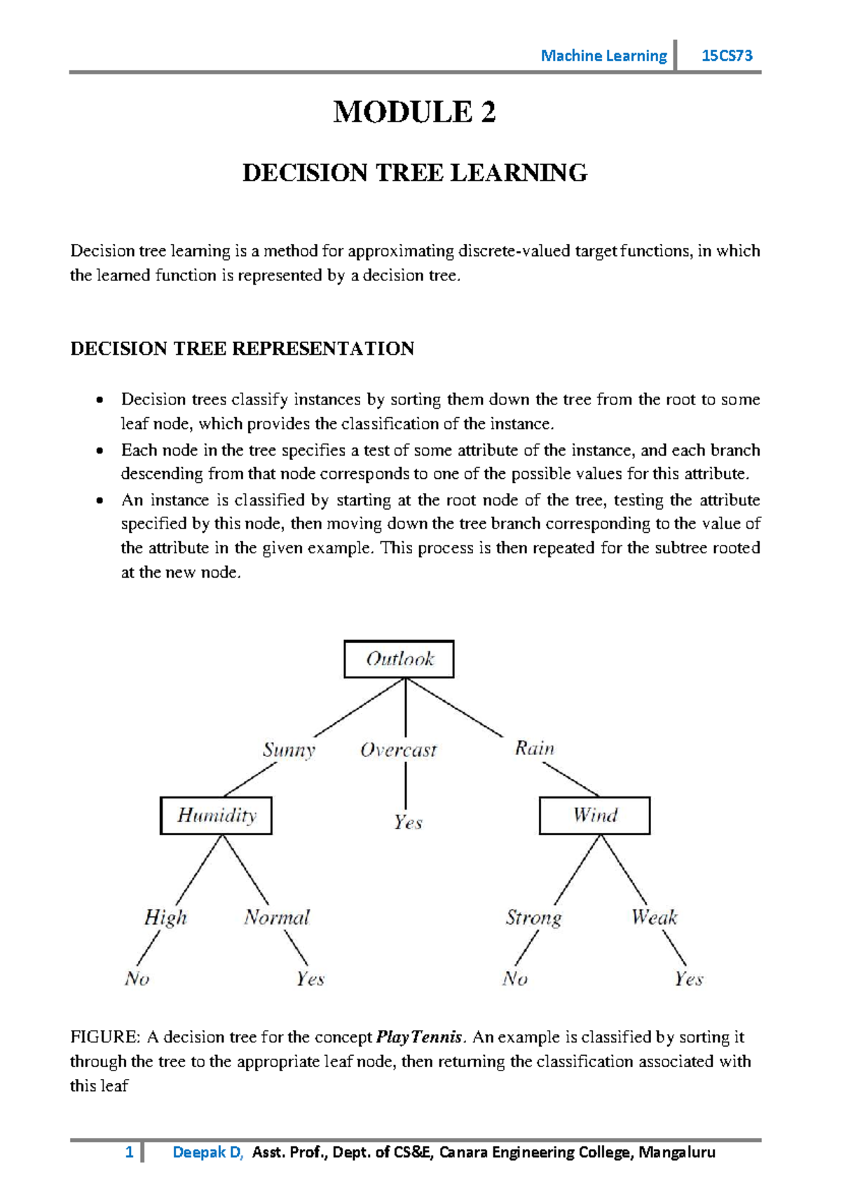 Machine Learning 15CS73 Module 2: Decision Tree Learning Notes - Studocu