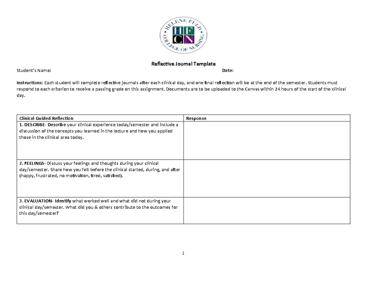 Reflective Journal Template for Clinical Experience - Studocu