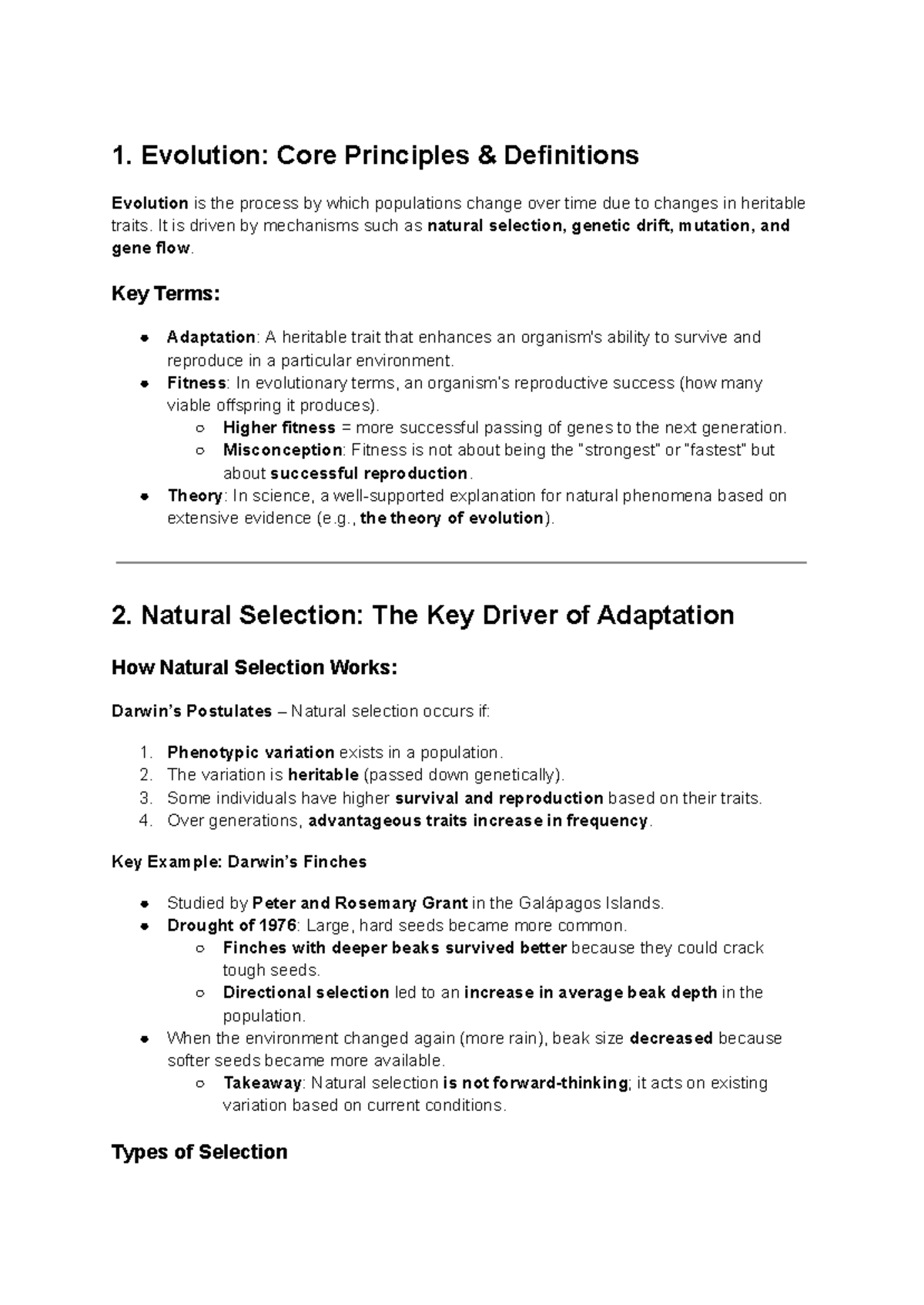 Evolution notes - 1. Evolution: Core Principles & Definitions Evolution ...