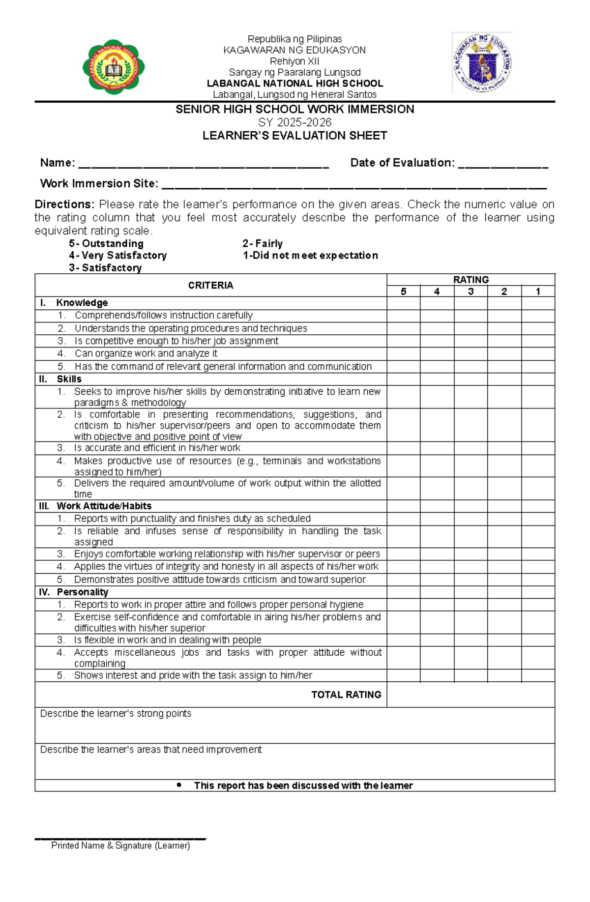 Senior High School Work Immersion Evaluation Sheet SY 2023-2024 - Studocu