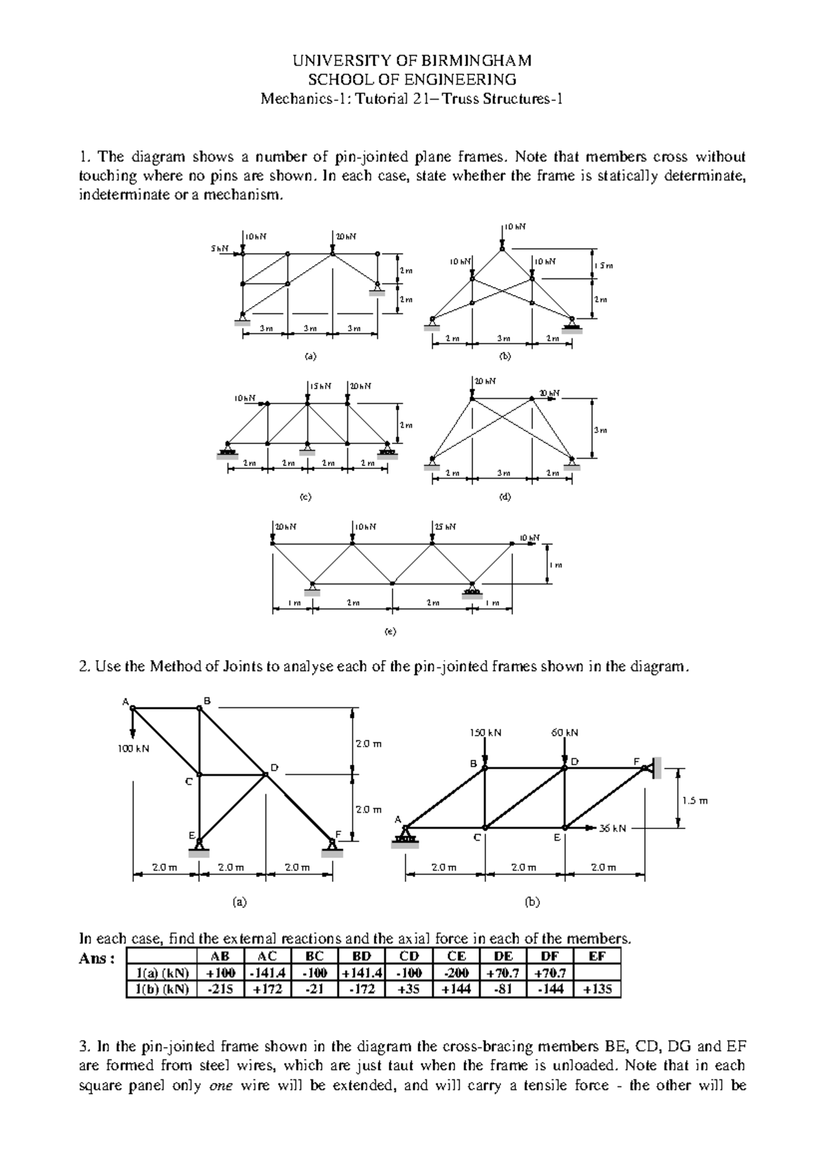 Mechanics-1 Tutorial 21: Analyzing Truss Structures and Forces - Studocu