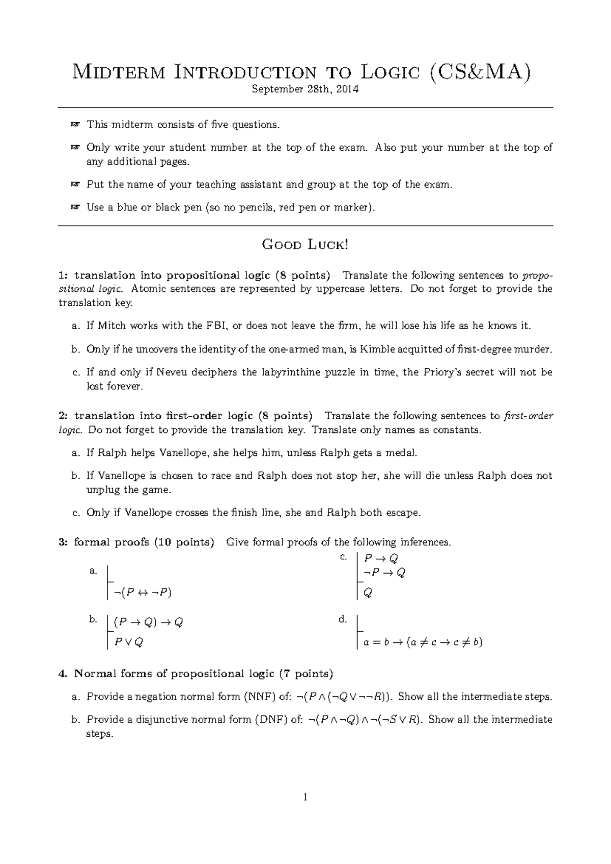 Midterm Exam 2014: Logic Questions - 28 September 2014 - Studeersnel