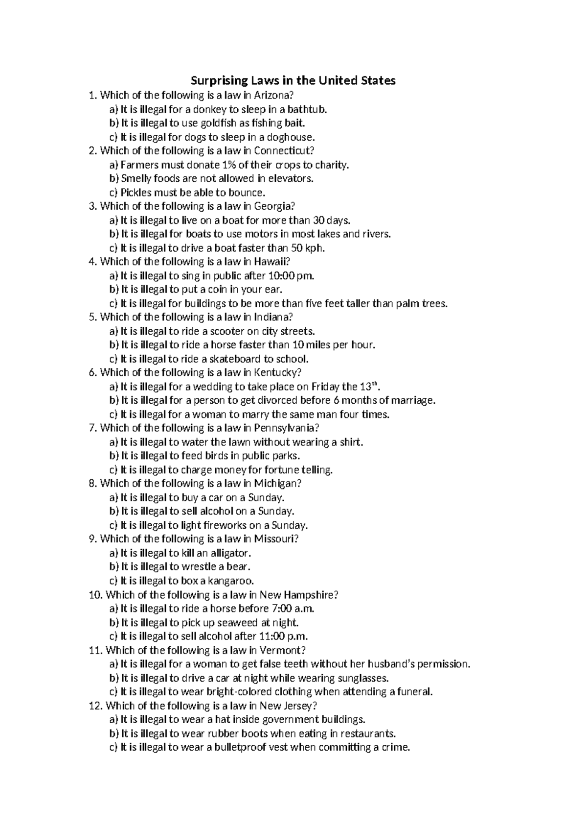 Surprising Laws in the U.S. - Quiz Questions - Studocu