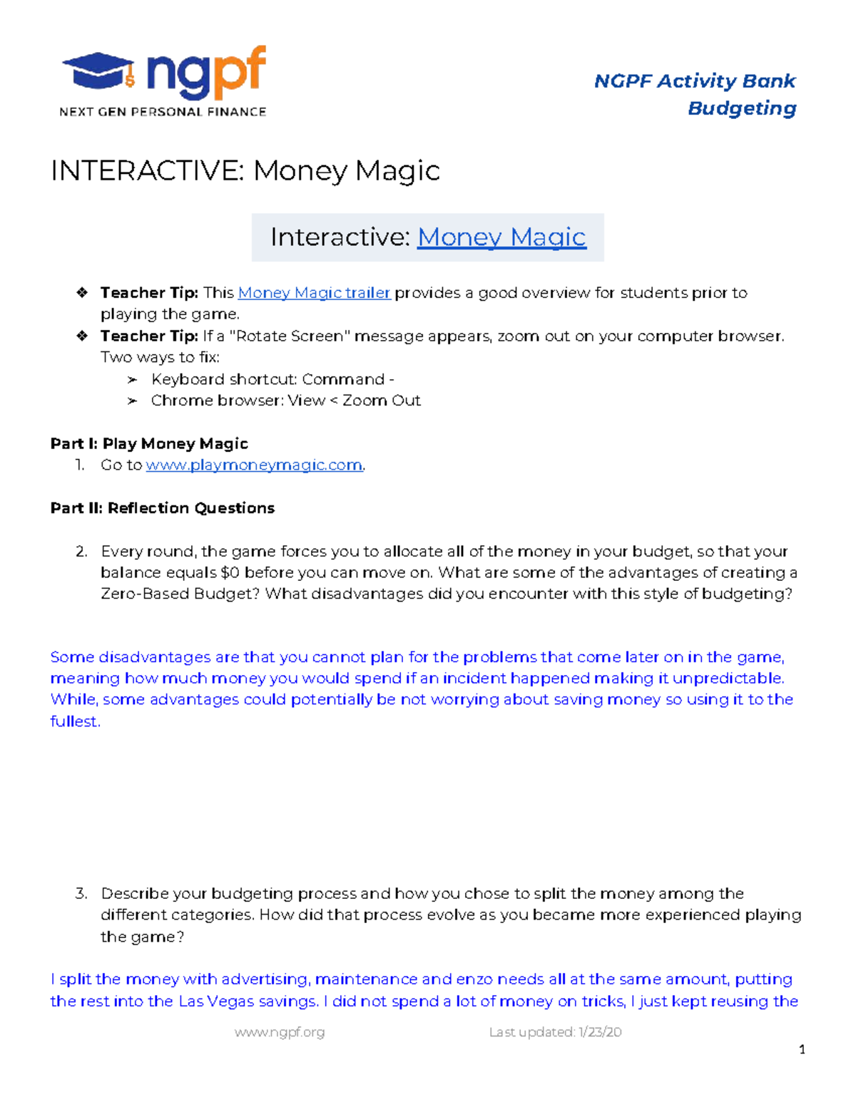 NGPF Activity Bank: Interactive Money Magic Reflection & Tips - Studocu