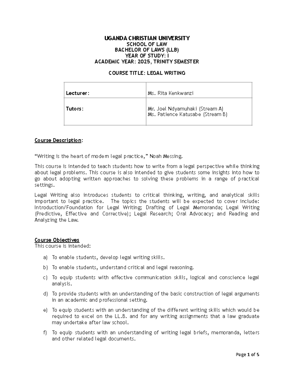 Legal Writing Course Outline LLB 1 - Trinity Semester 2025 - Studocu