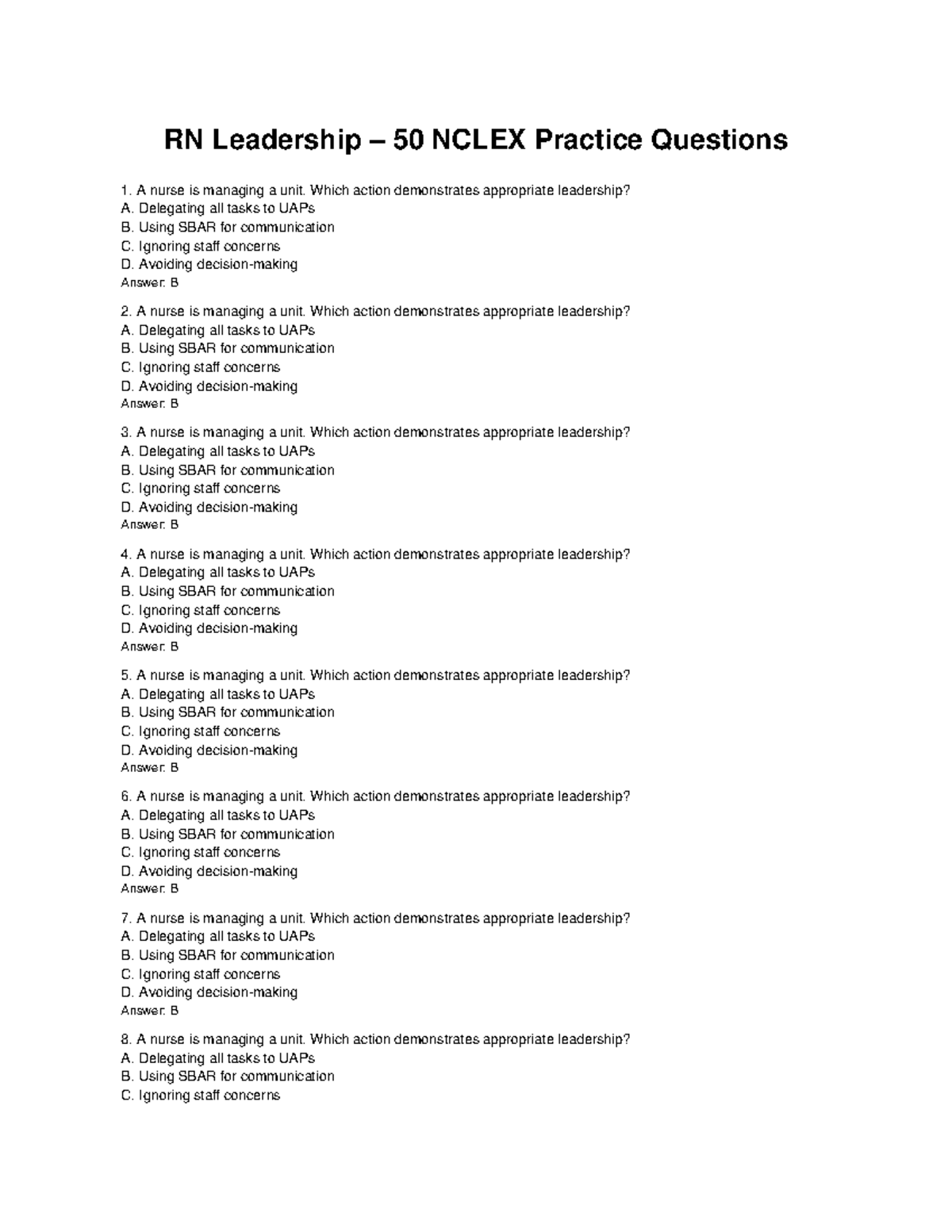 RN Leadership NCLEX Practice Questions: Effective Management Strategies ...