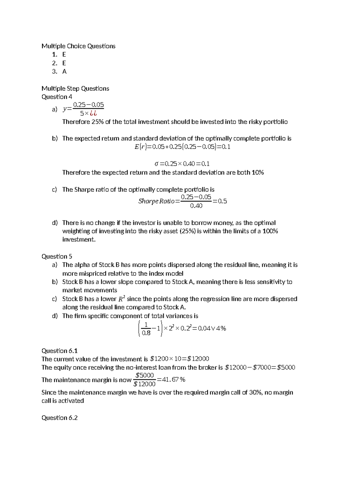 FINM3001 Mid Sem exam answers and multiple choice questions - Studocu