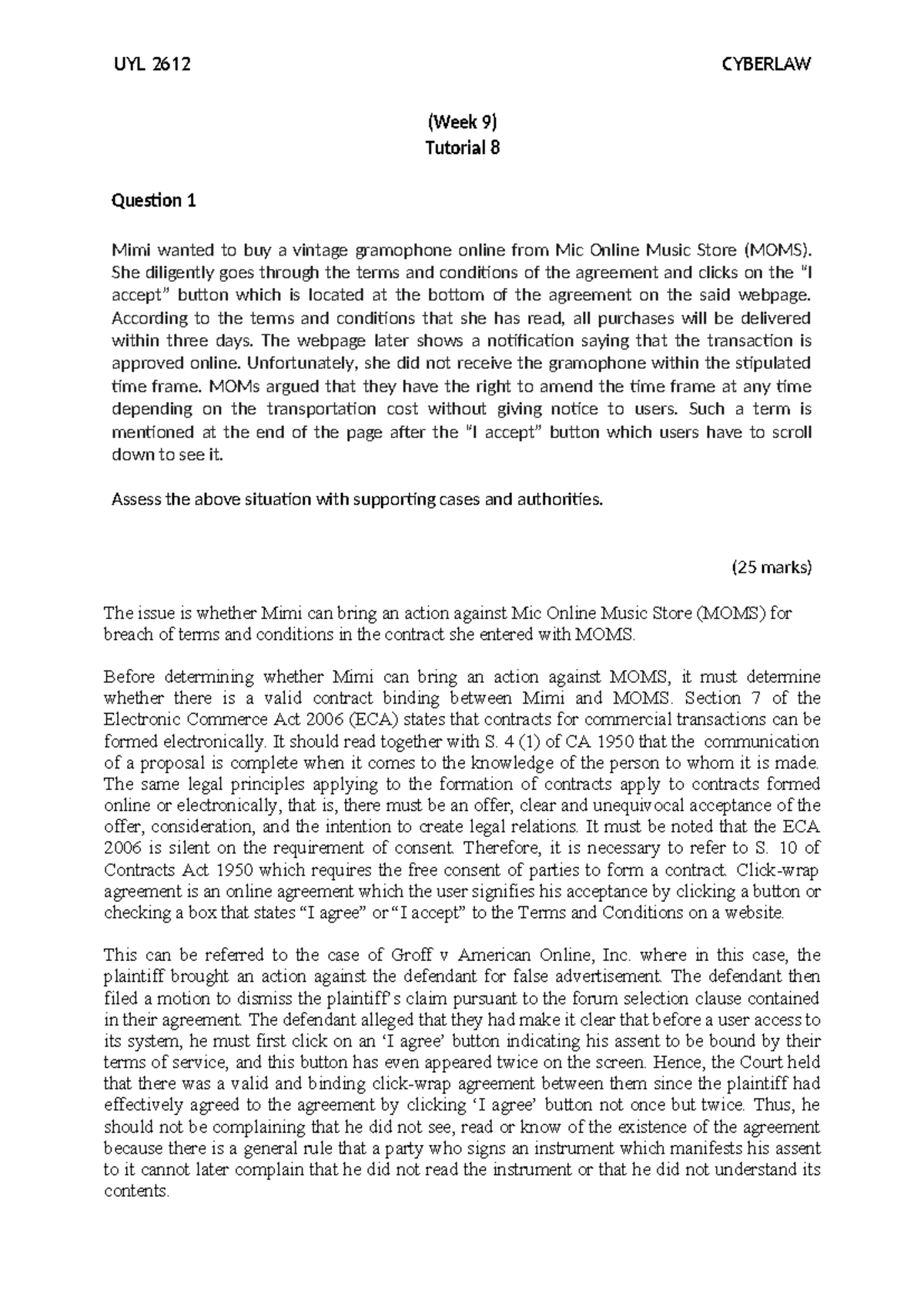 UYL 2612 CYBERLAW: Week 9 Tutorial 8 - Click Wrap Contract Analysis ...