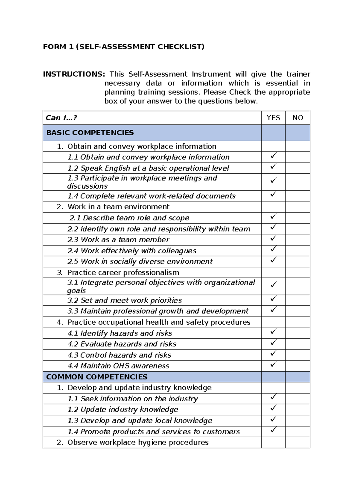 Candidato- TNA - Its about tna - FORM 1 (SELF-ASSESSMENT CHECKLIST ...