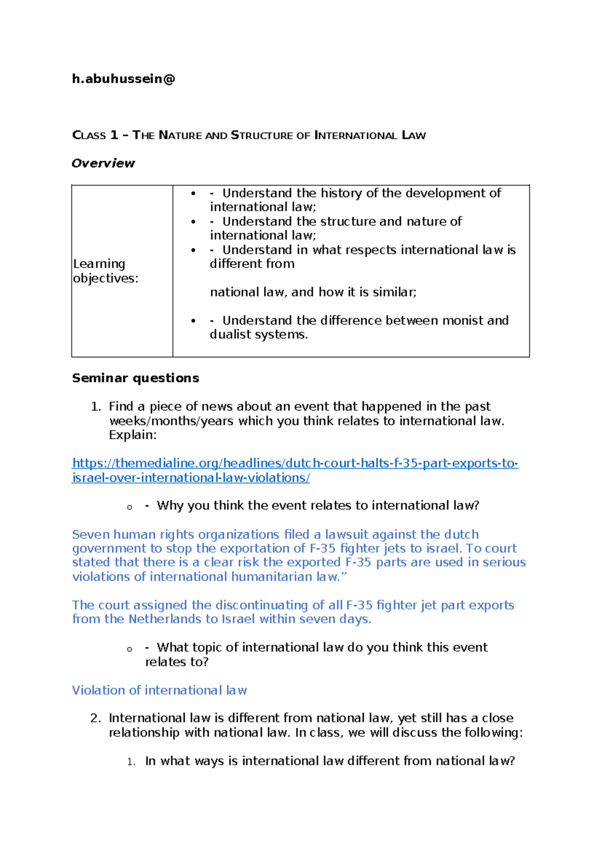 Class 1: The Nature and Structure of International Law Overview ...