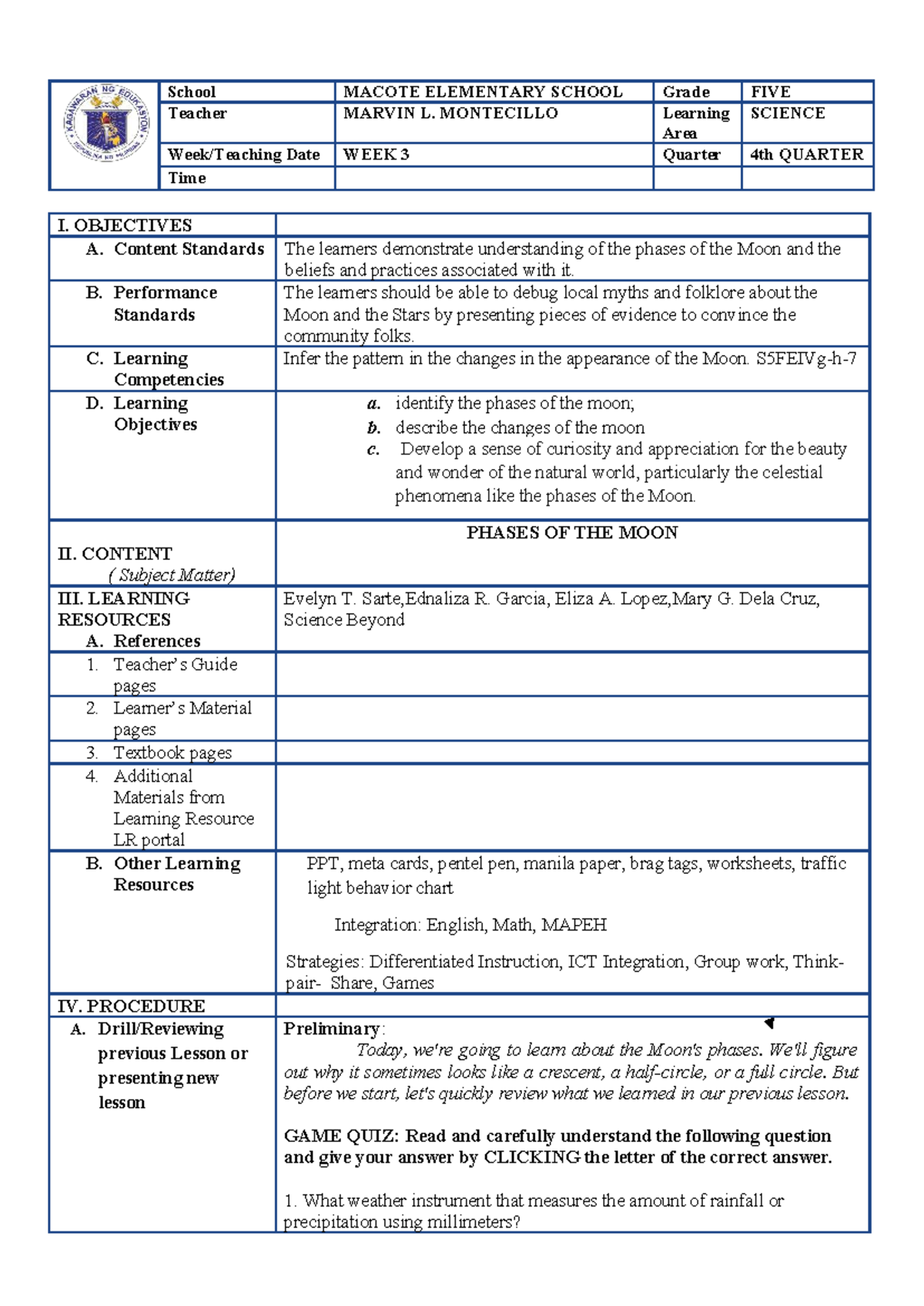 DLP WEEK 3 Q4 Science 5 - Phases of the Moon Lesson Plan - Studocu