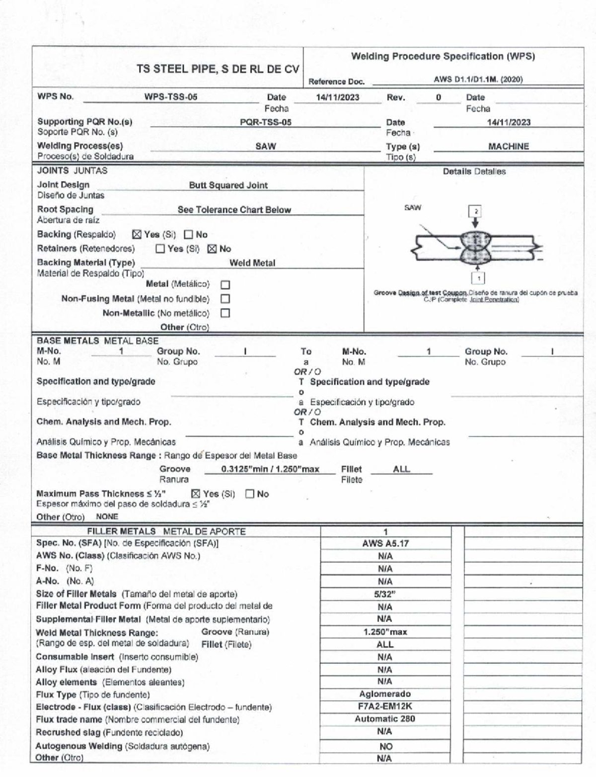WPS SAW for TS Steel Pipe: Welding Procedure Specification - Studocu
