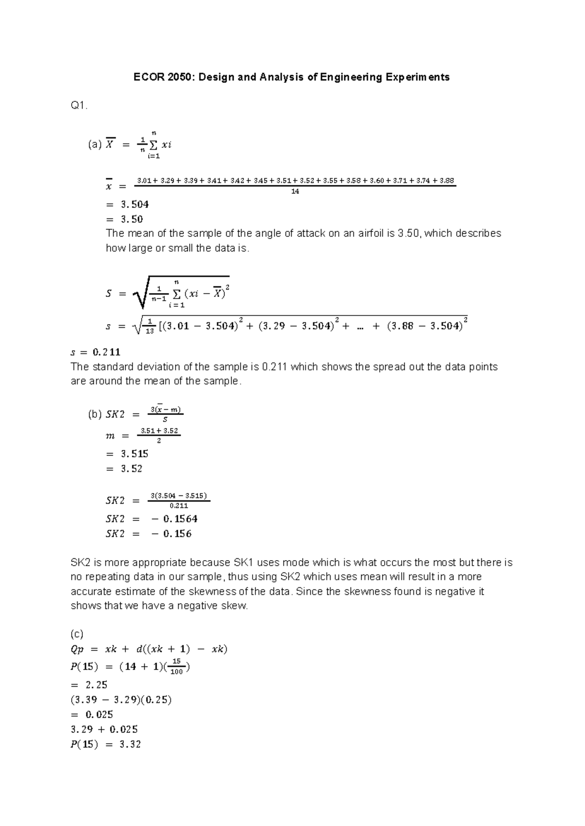 ECOR 2050: Design and Analysis of Engineering Experiments - Assignment ...