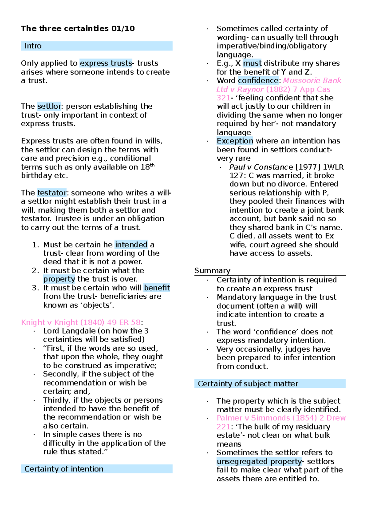 Three Certainties in Express Trusts: Key Principles and Cases - Studocu