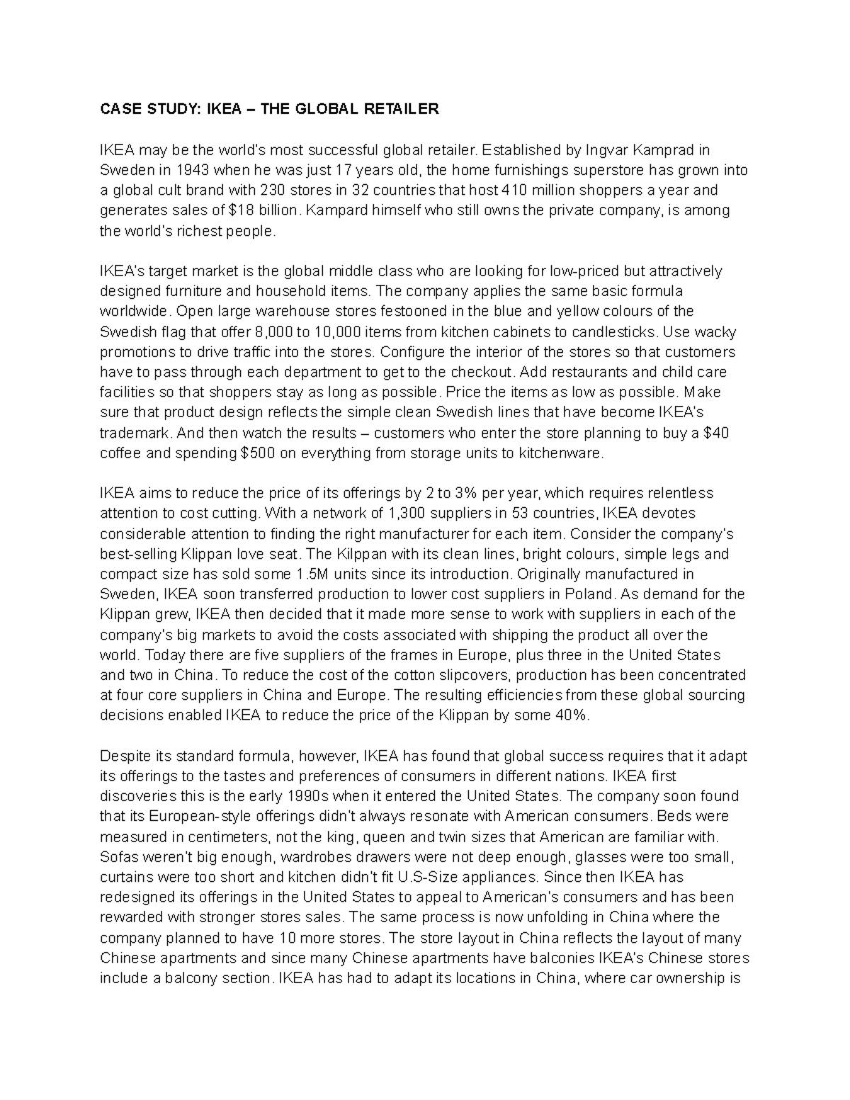 Int.strategic management - CASE STUDY: IKEA – THE GLOBAL RETAILER IKEA ...