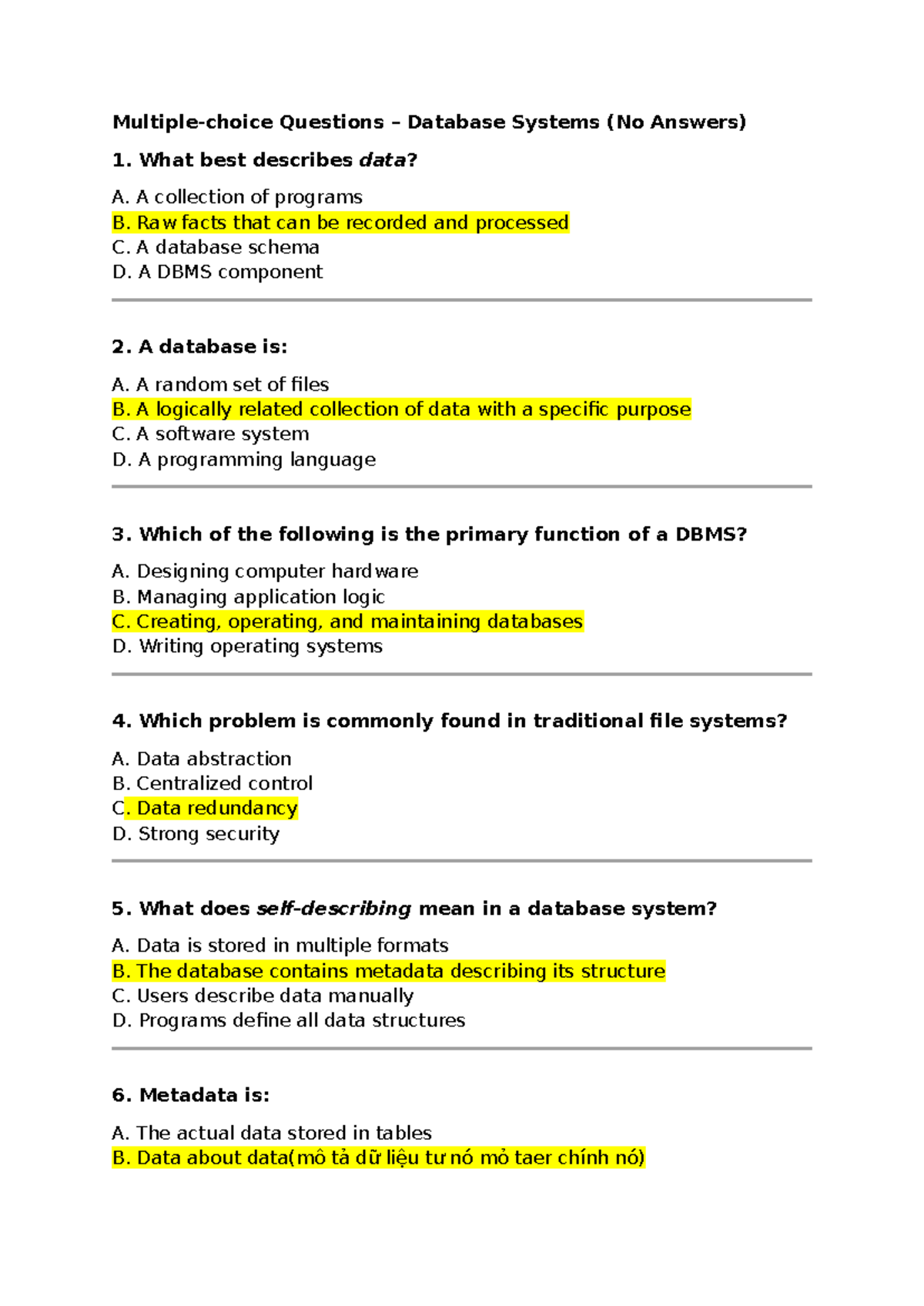 DBS 101: Questions on Database Systems (No Answers) - Studocu