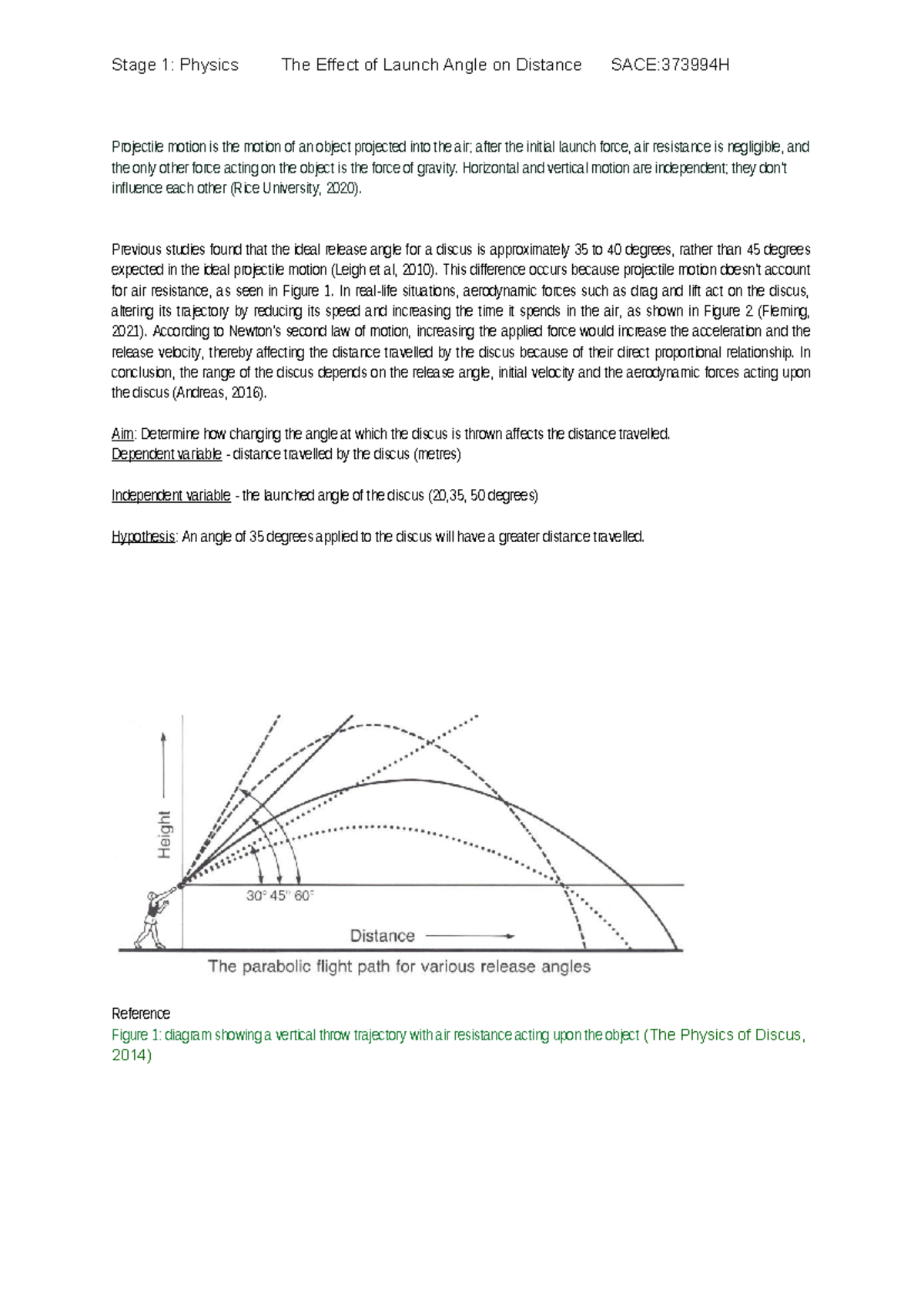 The Effect of Launch Angle on Discus Distance: SACE 373994H - Studocu