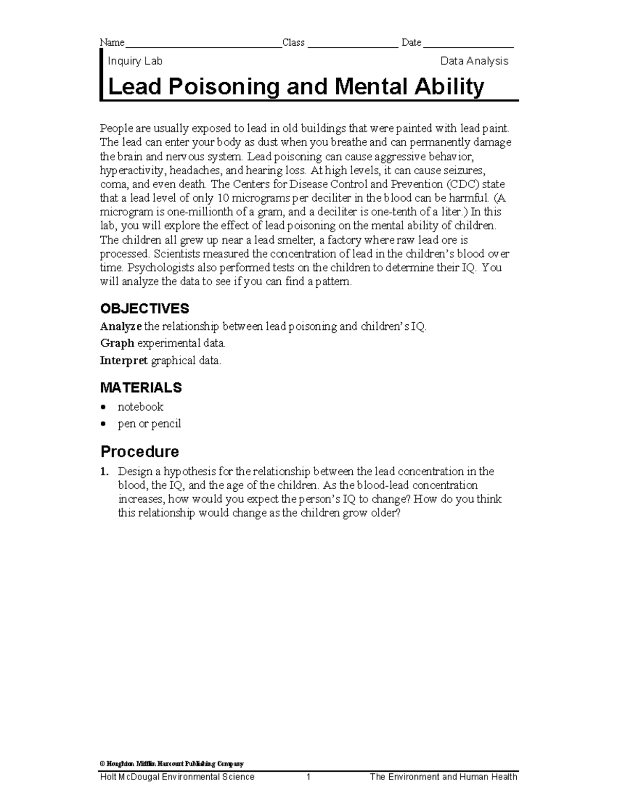 Lead Poisoning and Mental Ability Inquiry Lab - Holt McDougal Env Sci ...