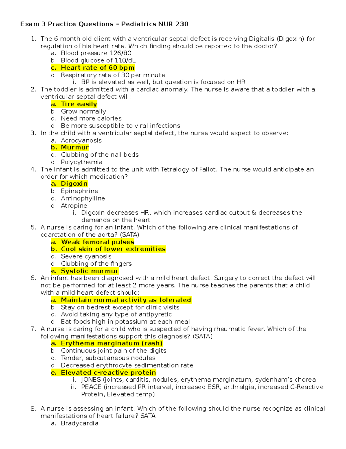 Exam 3 Practice Questions for Pediatrics - NUR 230 - Studocu