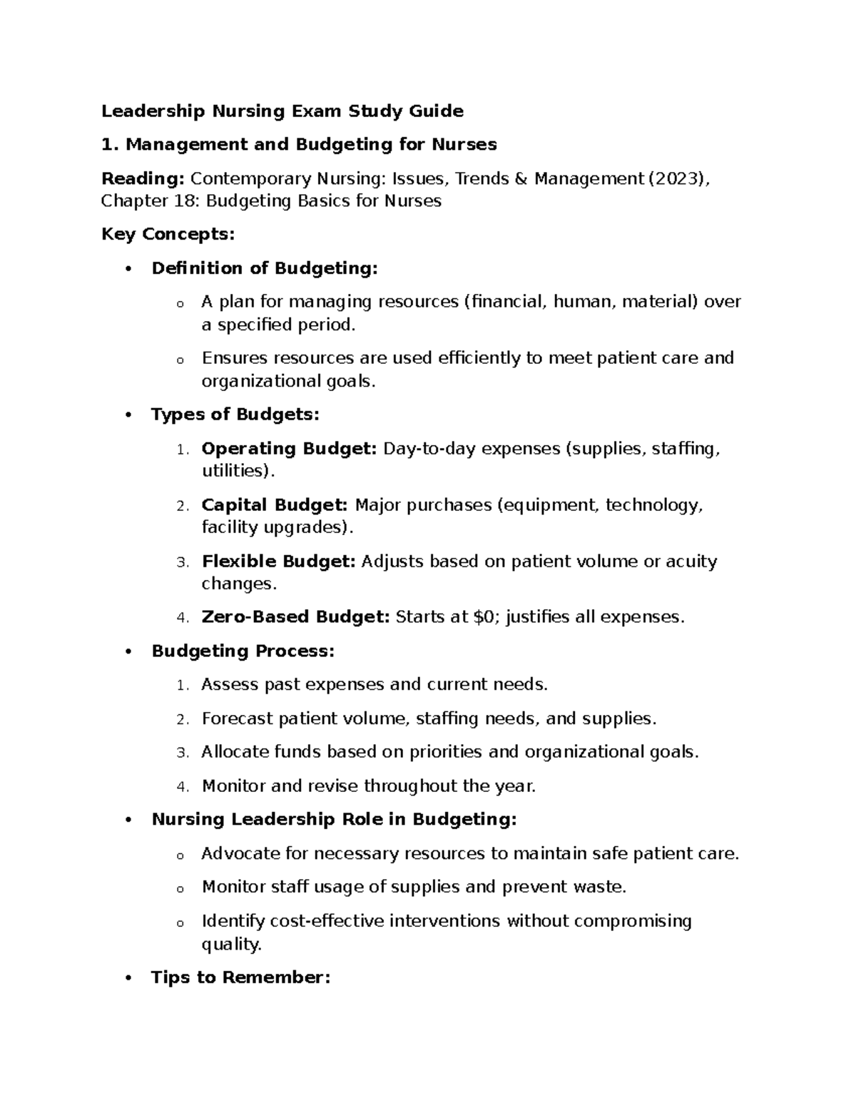 Nursing Leadership Exam 2 Study Guide: Budgeting & Communication - Studocu