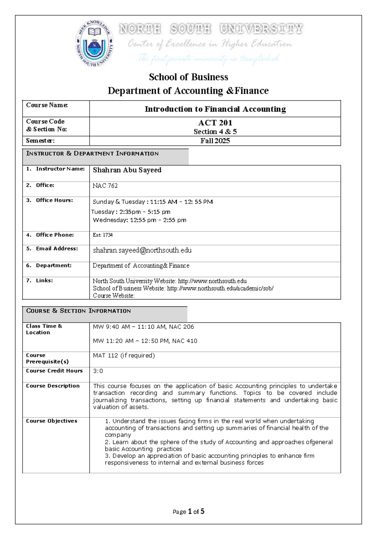 ACT 201: Introduction to Financial Accounting Course Outline Fall 2025 ...