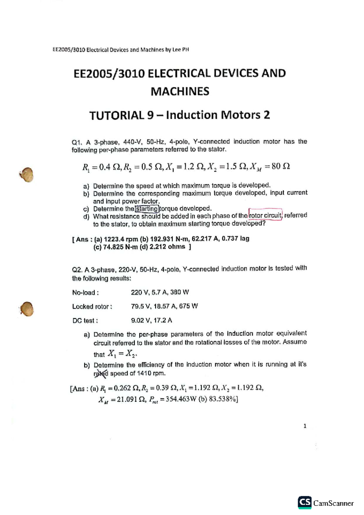 Tutorial 9 - Induction Motors Analysis and Solutions (ELEC 101) - Studocu