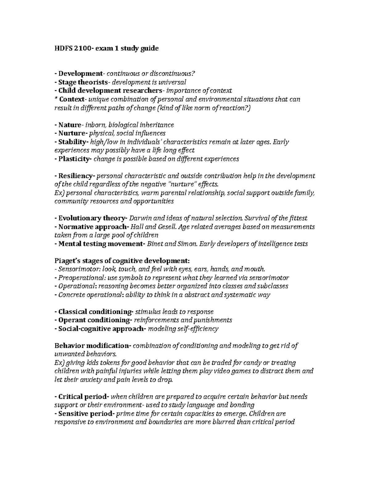 HDFS 2100 - Exam 1 Study Guide: Key Concepts in Developmental ...