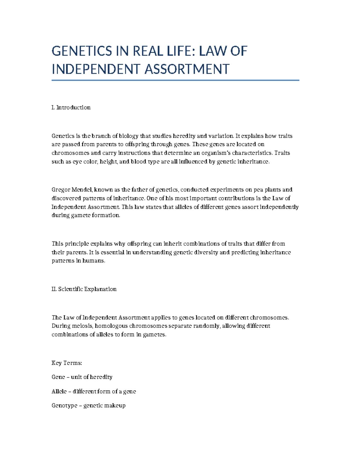 GEN 101: Expanded Law of Independent Assortment in Genetics - Studocu