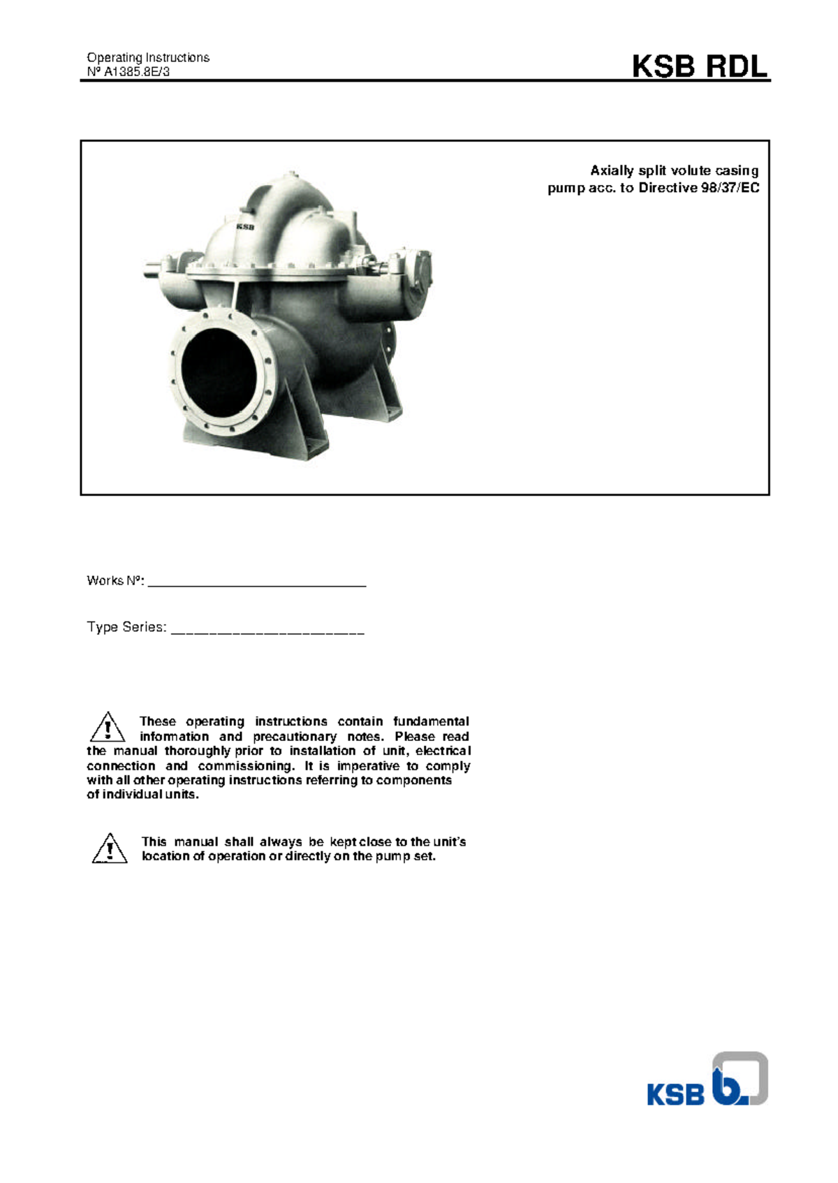 Operating Instructions for KSB RDL Axially Split Volute Casing Pump ...