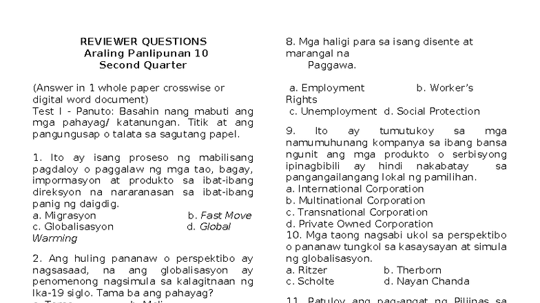 QUIZ Reviewer AP G10: Araling Panlipunan 10 Second Quarter - Studocu