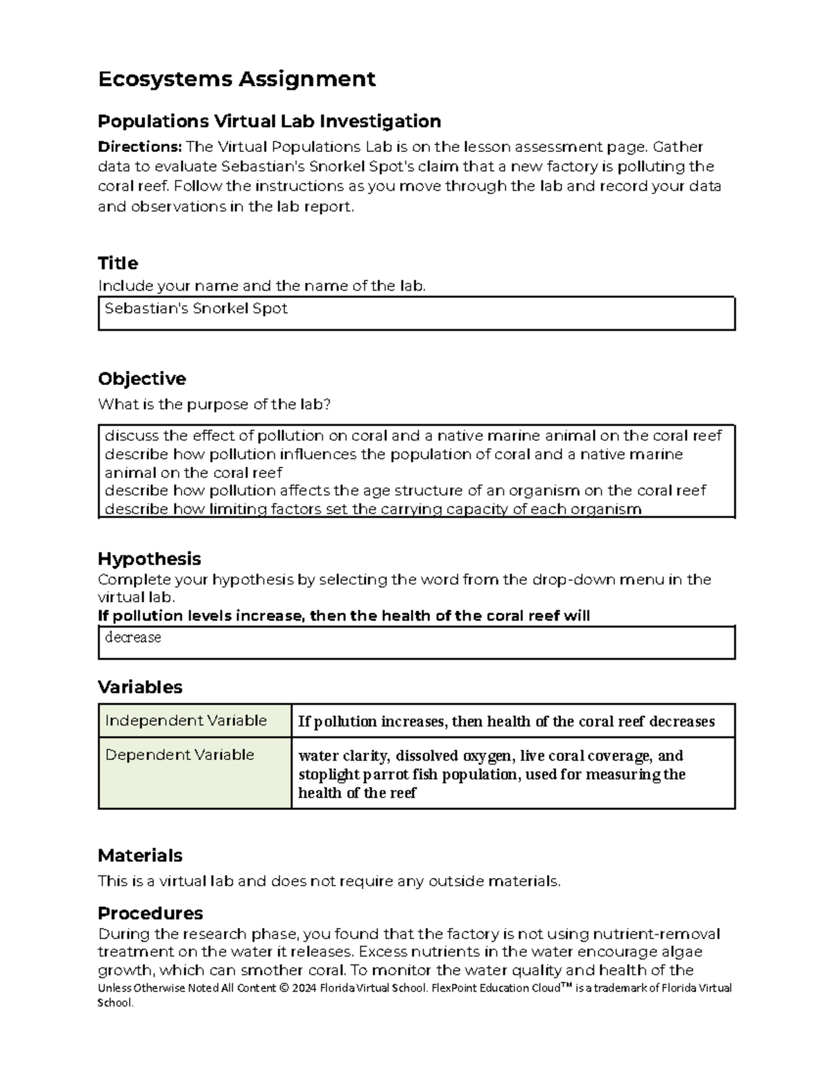 Ecosystems assignment 04 03: Virtual lab on coral reef populations ...