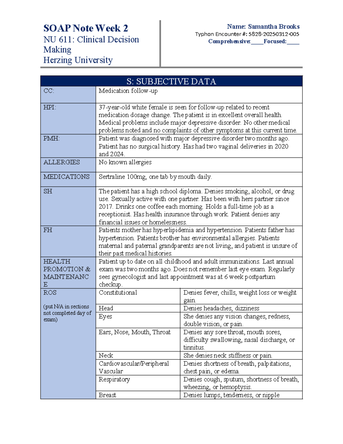 SOAP Note - Week 2 - soap note - SOAP Note Week 2 NU 611: Clinical ...