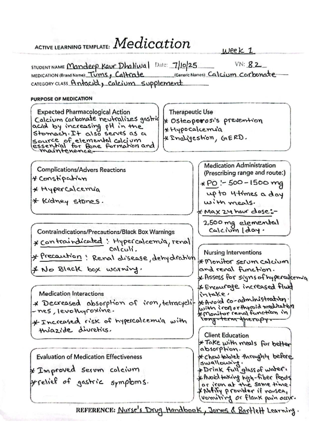 WEEK 1 Medication Cards: Active Learning Template for VN 82 - Studocu