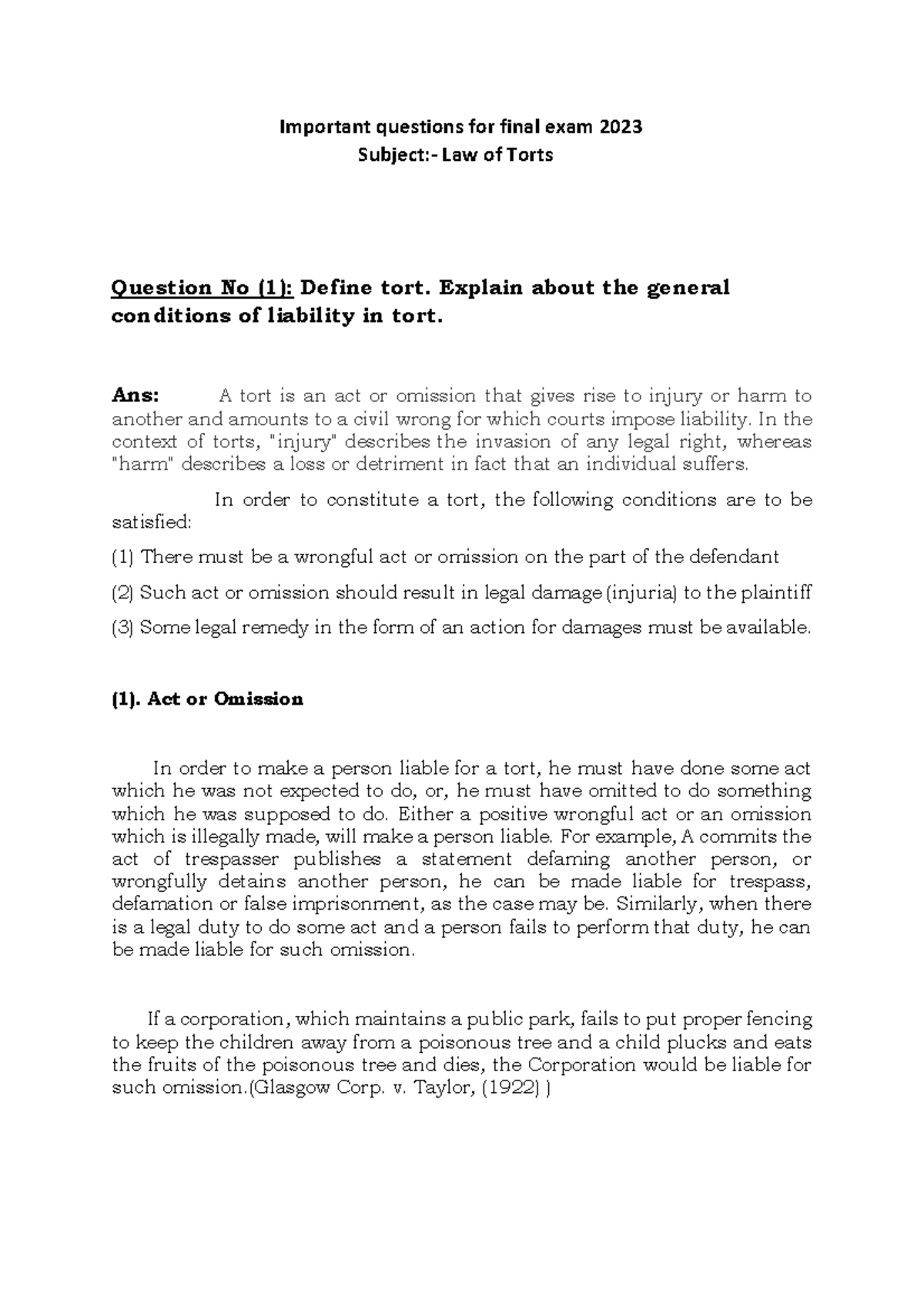LLB GU - Final Exam 2023 Notes on Law of Torts - Studocu