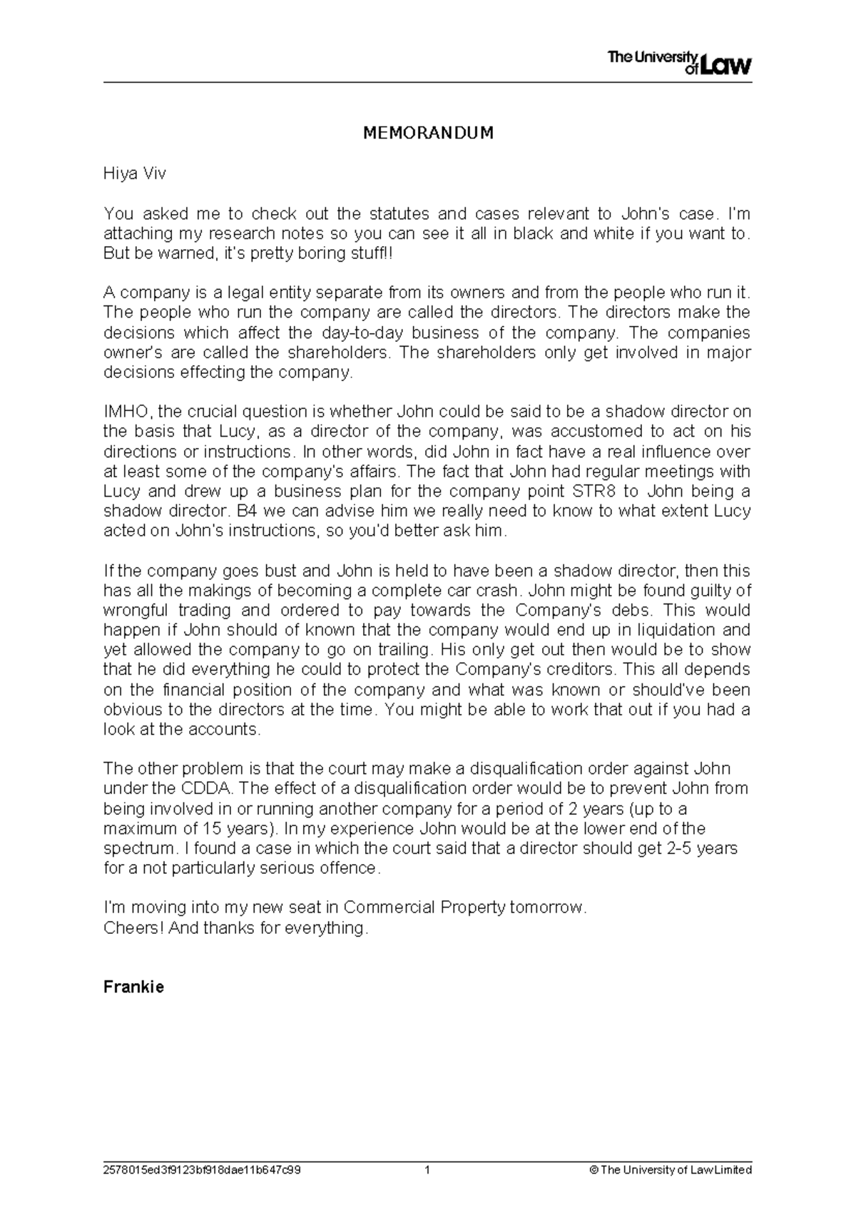 Mmeorandum and Attendance Note - MEMORANDUM Hiya Viv You asked me to ...