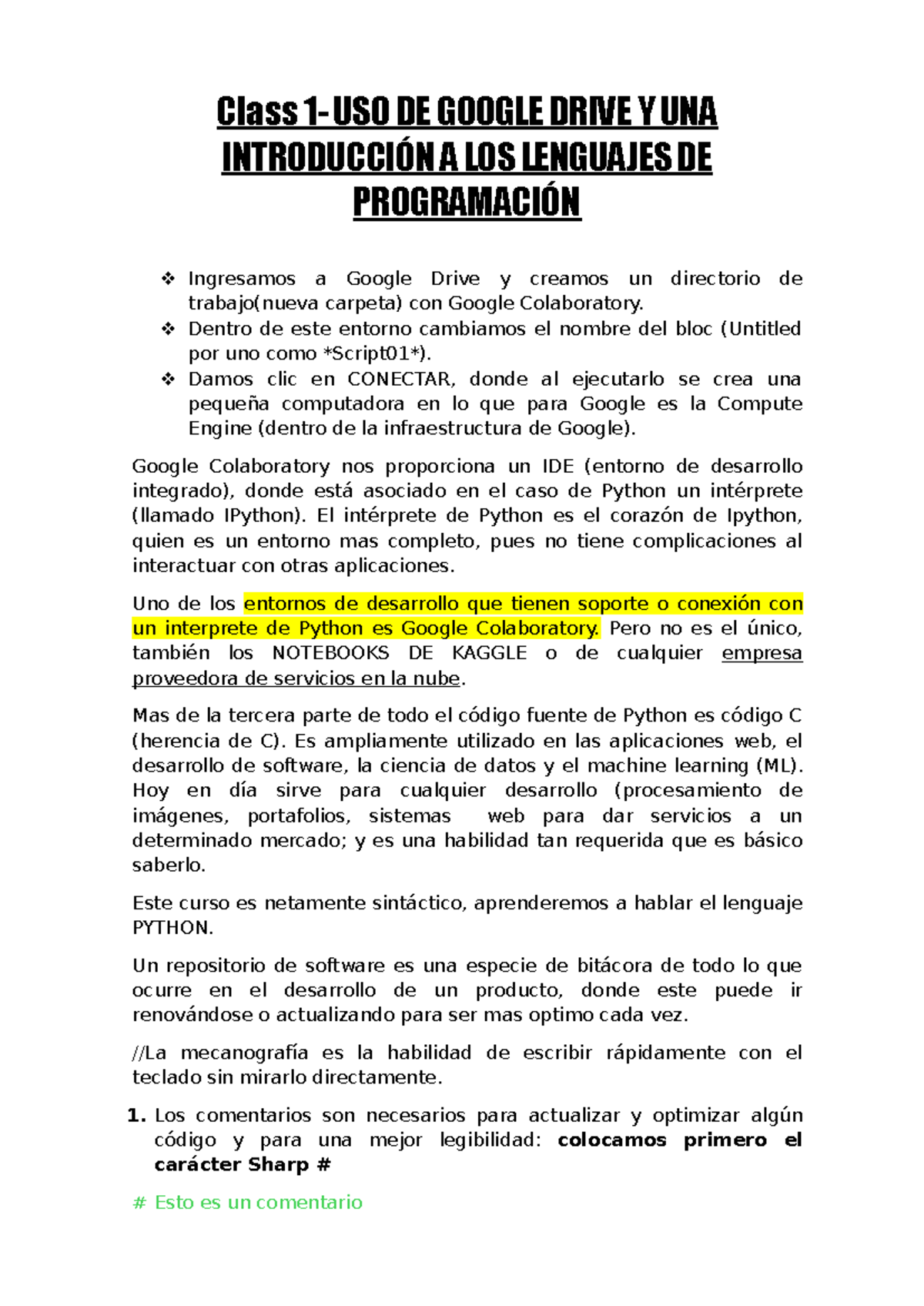 Clase 1 UNI - Uso de Google Drive y Lenguajes de Programación - Studocu