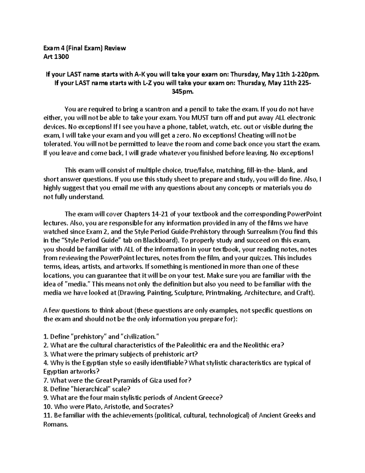 Final Exam Review for Art 1300 (Exam 4) - Spring 2023 Details - Studocu