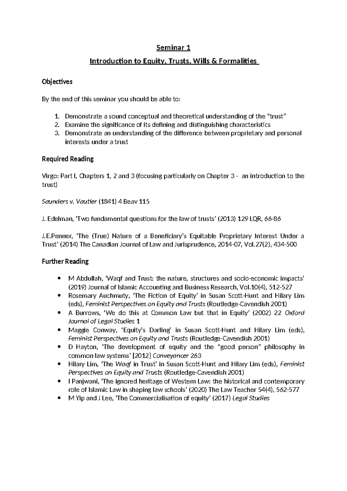 Seminar 1 - Introduction to Equity and Trusts 2023 - Seminar 1 ...